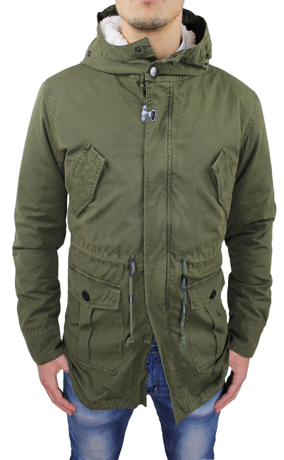 Giaccone Uomo Parka Verde Militare Casual Invernale Giacca Cappotto con Pelliccia Interna