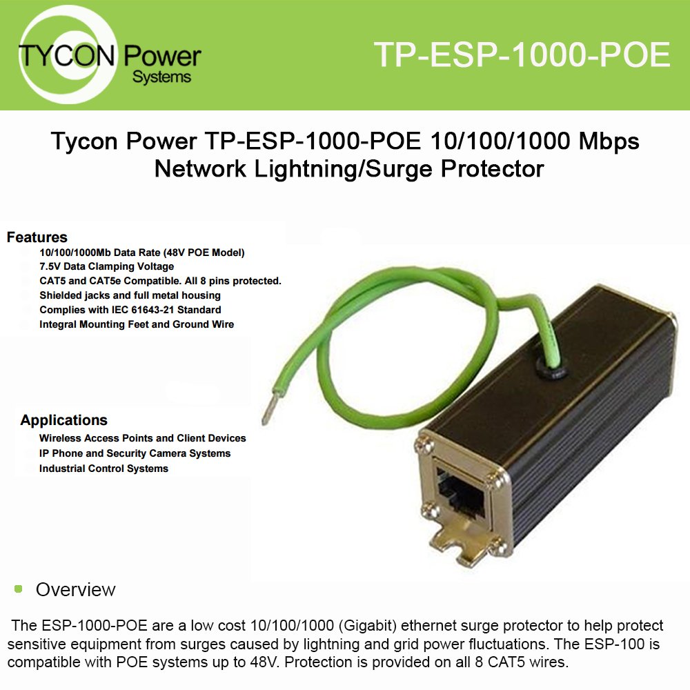 TyconSystems TP-ESP-1000-POE Black Surge Protector - Surge Protections (Black, Metal, 0.000005 ms, Network, 88 g, 25 mm)
