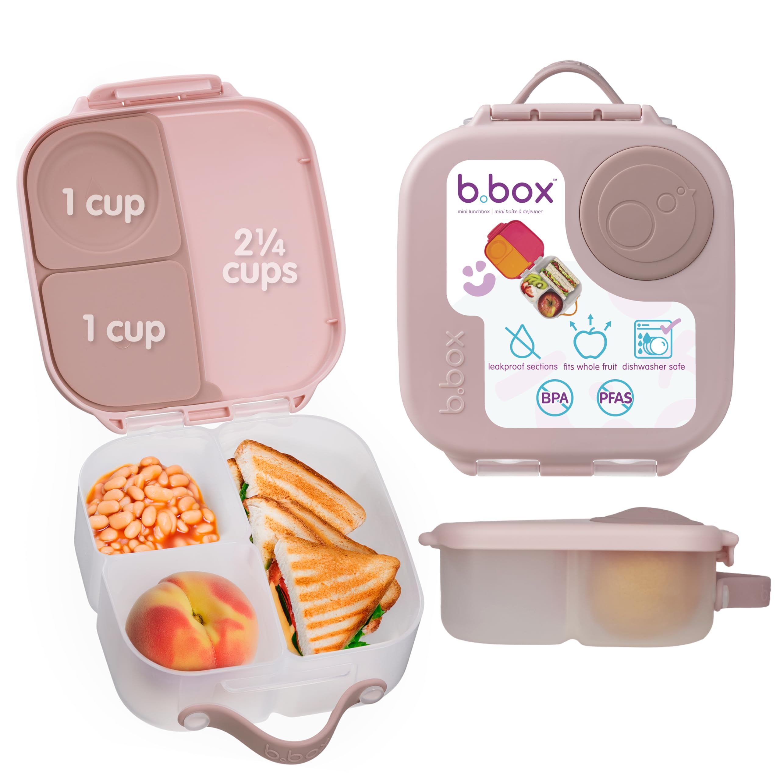 b.box Mini Lunch Box - 4.25 Cup Leak Proof Bento Box for Kids Ages 3+ - 3 Compartment Snack Containers, School Lunch Container, Dishwasher Safe,
