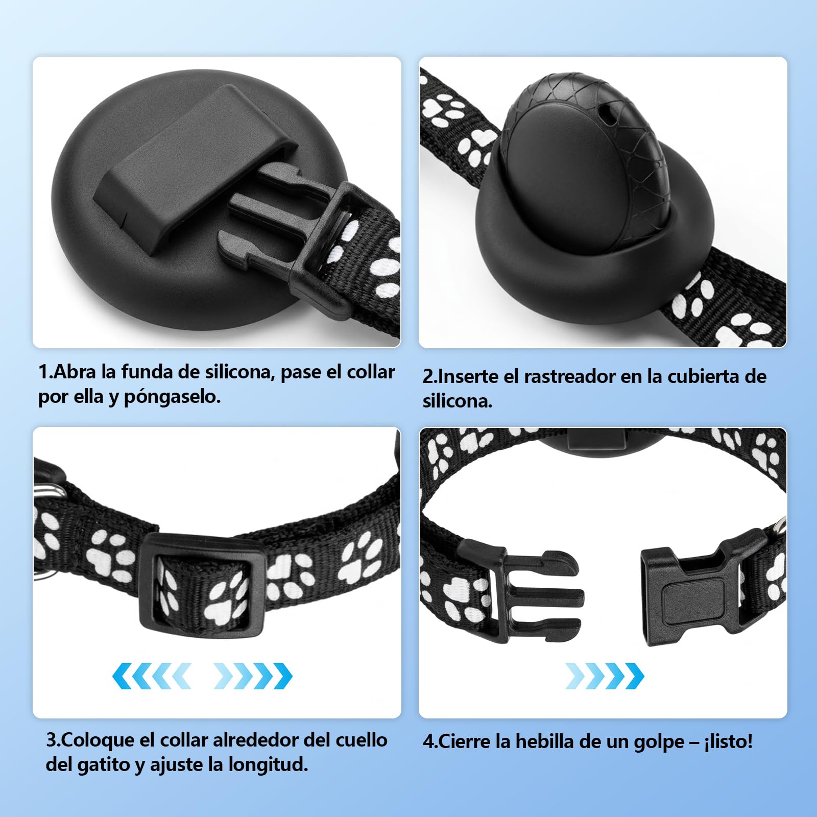 GPS Gatos, Localizador GPS Perros, GPS Perros/Gatos Compatible con Sistemas iOS y Android, Posicionamiento Global en Tiempo Real, Collar Ajustable, Sin Suscripción, Resistente al Agua IPX6 - Negro
