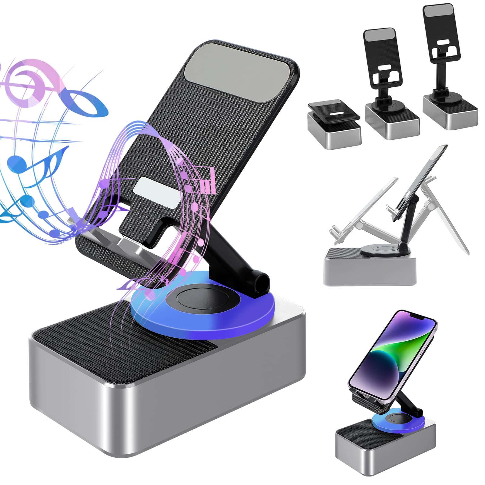 Induction Bracket Speaker, Wireless Induction Bluetooth Speaker, Bluetooth Audio Power Bank Bracket, Foldable Cell Phone Stand with Induction Speaker/Power Bank/Atmosphere Light/Anti-Slip Base (Grey)