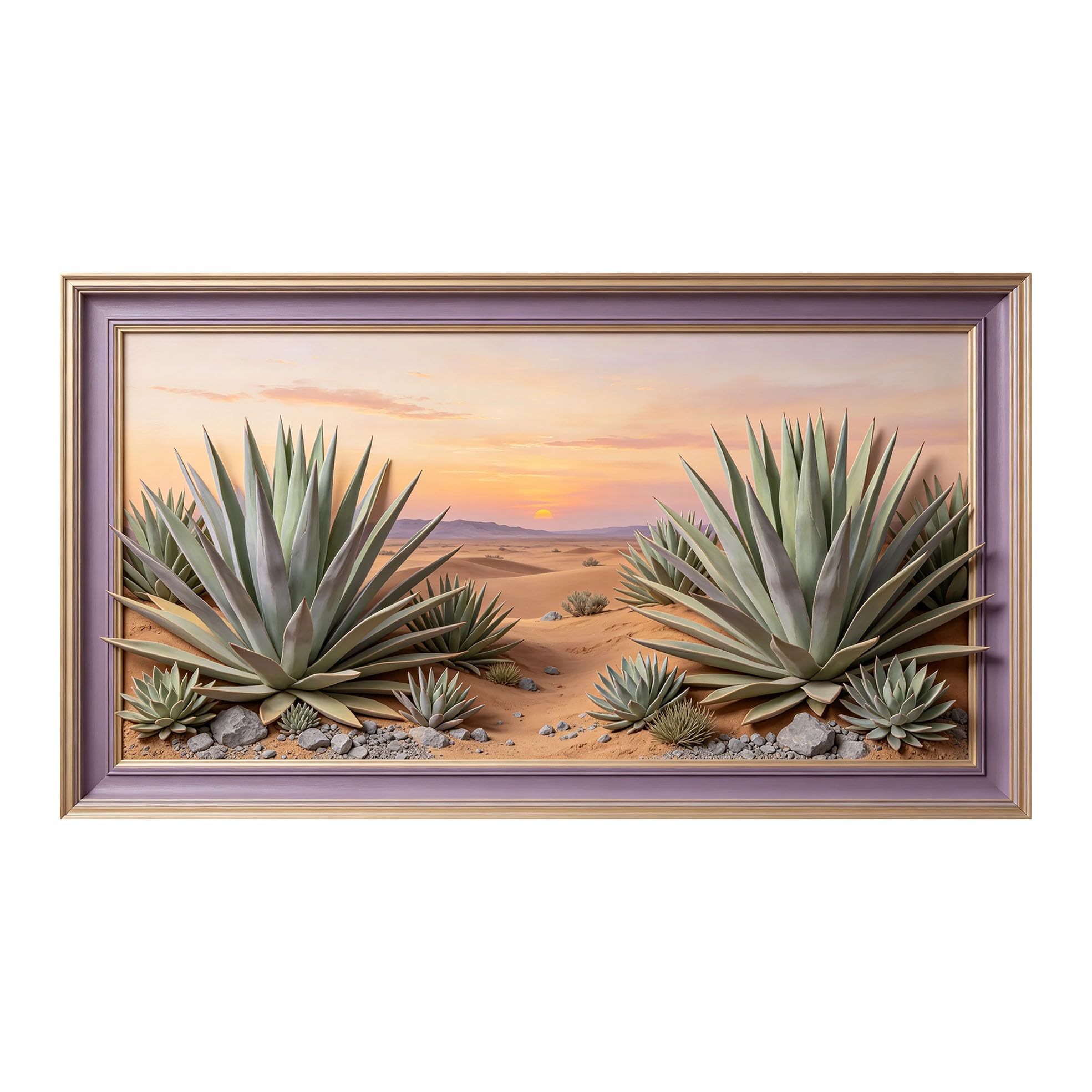 Murasolite 3D Framed Wall Art Desert Succulent Landscape Sunset Oil Painting SelfAdhesive Fabric Mural Wall Decor， Peel and Stick No Damage to Wall， AntiFall Safe Design for Bedroom Living Room