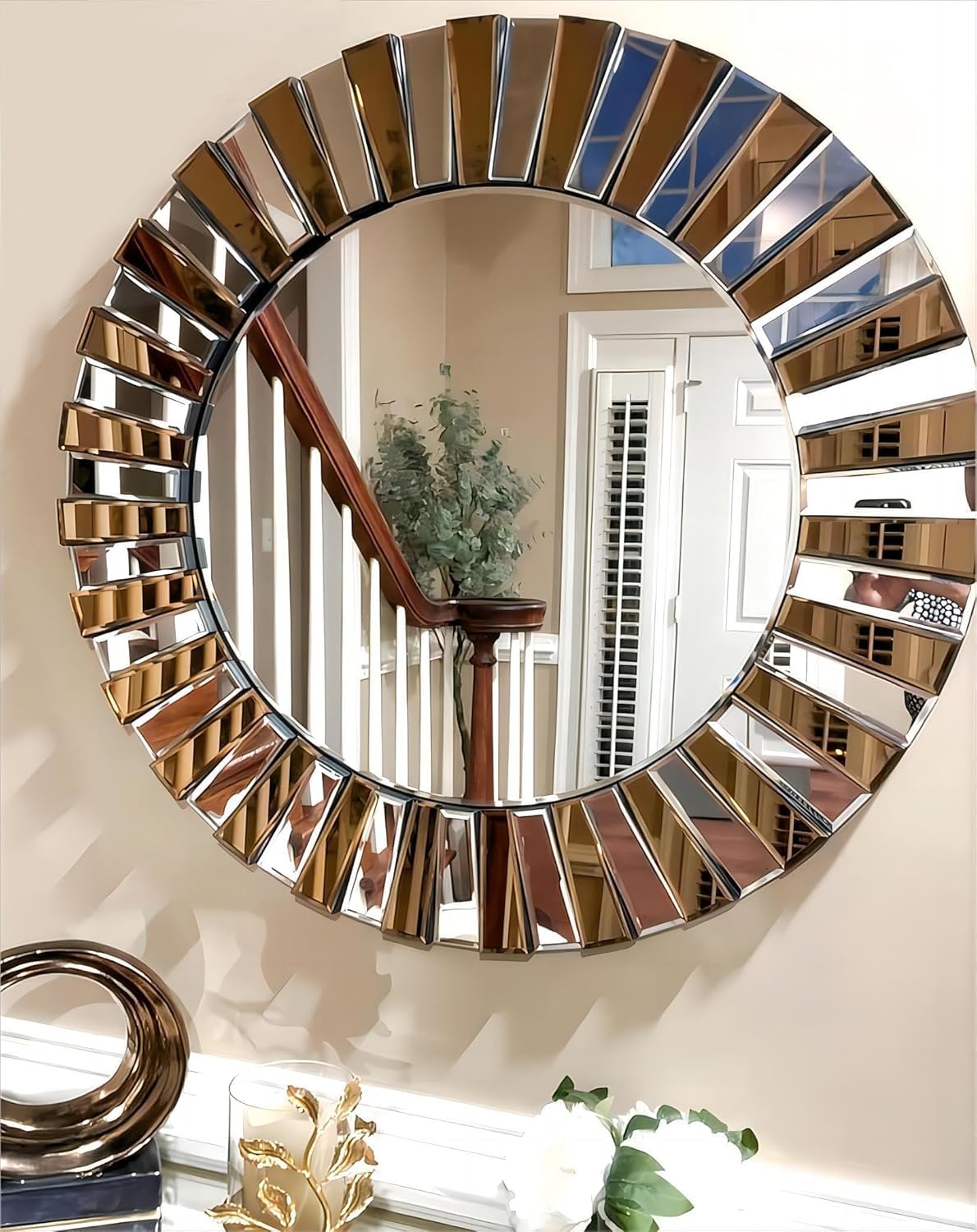 Hallway Art Wall Mirror Decorative: Round Golden and Silver Hung Mirrors 60cm 80cm Elegant Artistic Look 5mm Glass 3D Stereoscopic Irregular Beveled Edge Sunburst Entryway Wall Mirrors (Large 80cm)