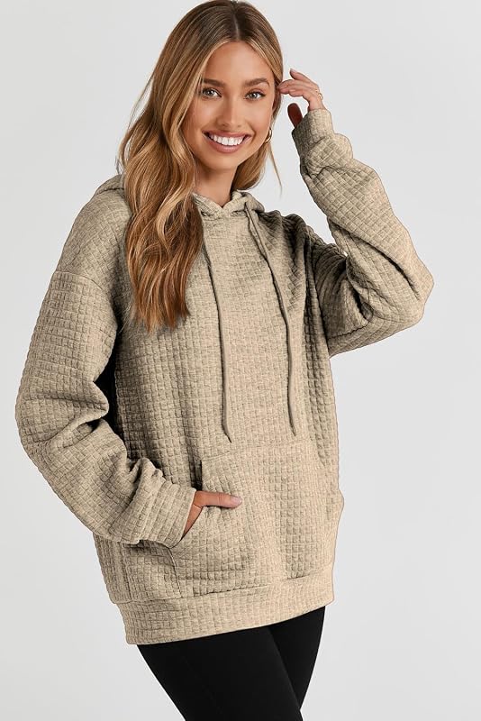 SHEWIN Women Waffle Hoodie Pullover Top Hooded Sweatshirt, Khaki, Size L image 4