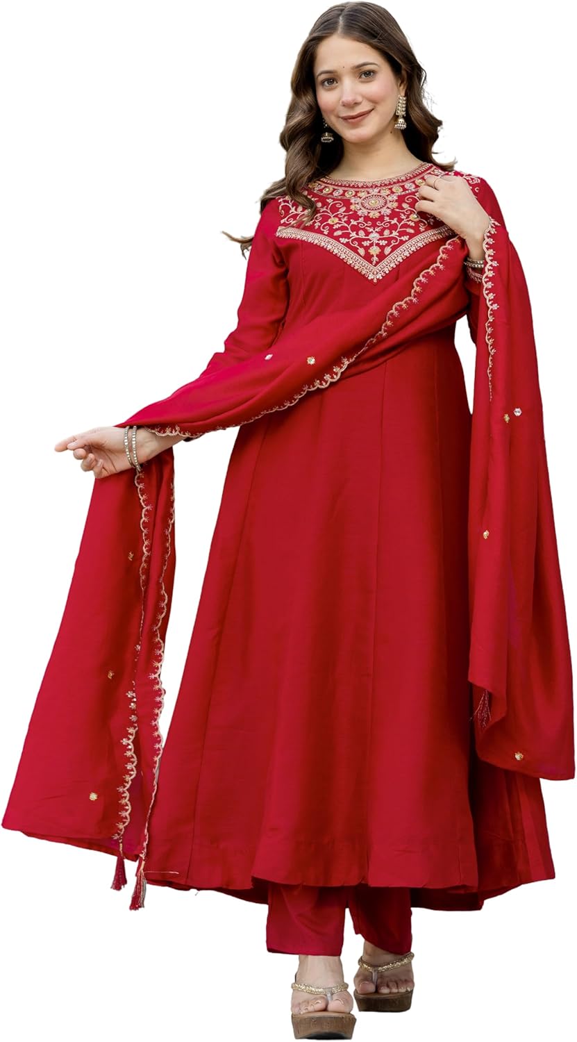 Women Anarkali Kurta Set with Dupatta Embroidered Flared Ethnic Wear Festive Party Outfit