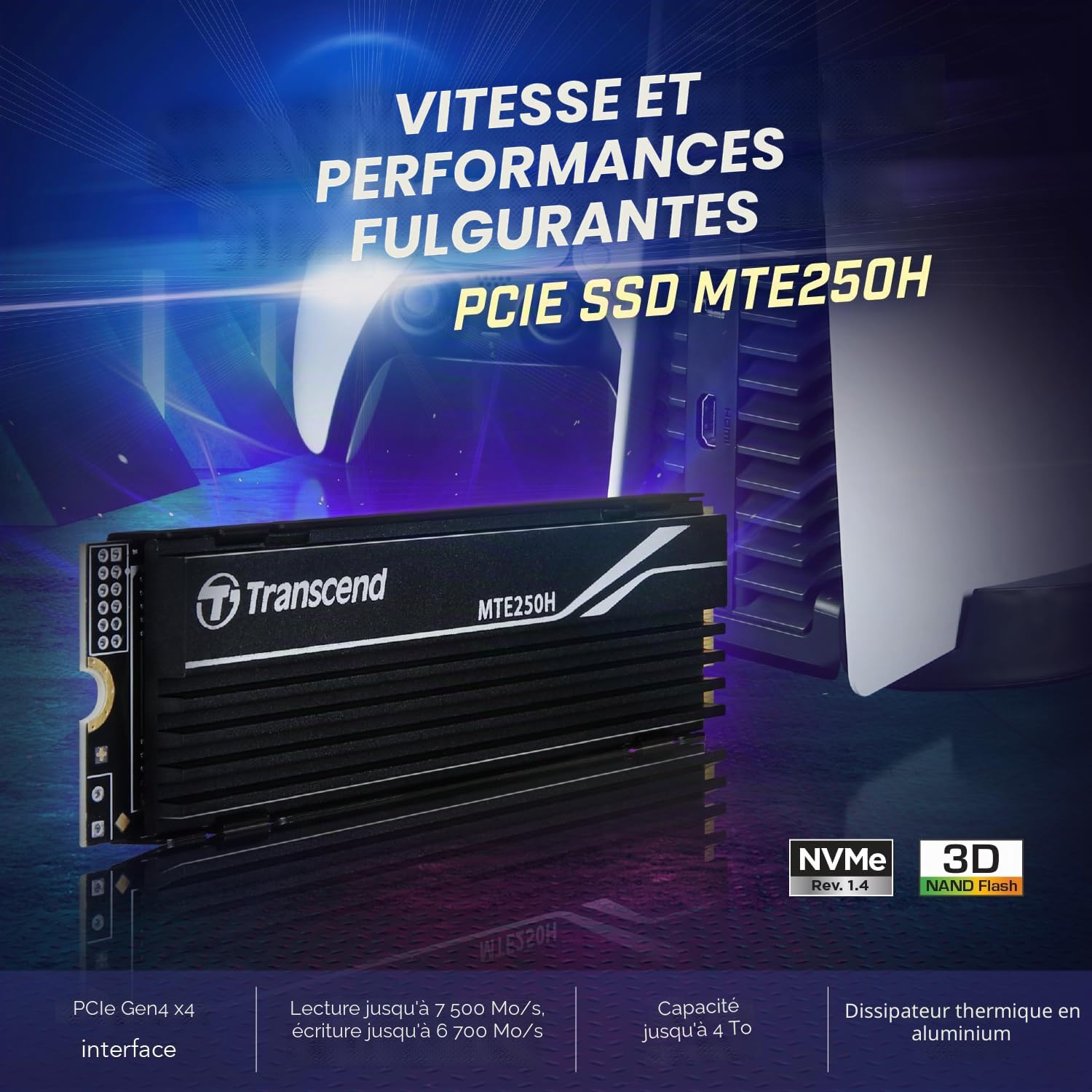 Transcend 1To MTE250H PCIe 4.0 M.2 2280 SSD, 7200 Mo/s, avec dissipateur