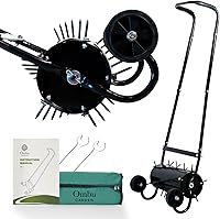 Ombu Garden 16" Rolling Lawn Aerator with 30 Helical Spikes, Manual Push Roller for Deep 2.4" Soil Penetration - Yard Garden Tool