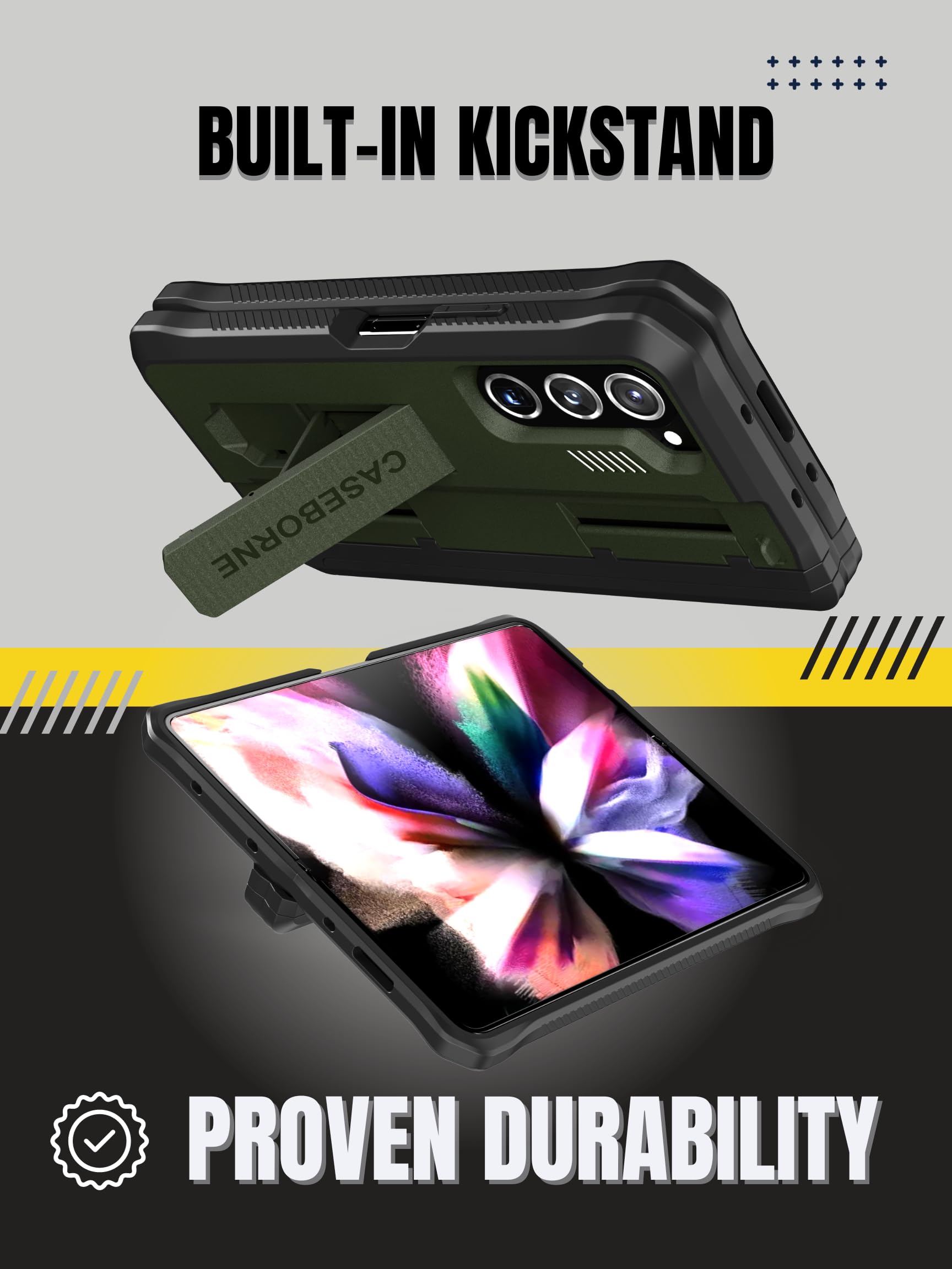 CaseBorne V Compatible con la funda Samsung Galaxy Z Fold 5 - [Protección de bisagra], [100% materiales reciclados] con soporte integrado, soporte para S-Pen y protector de pantalla de vidrio templado