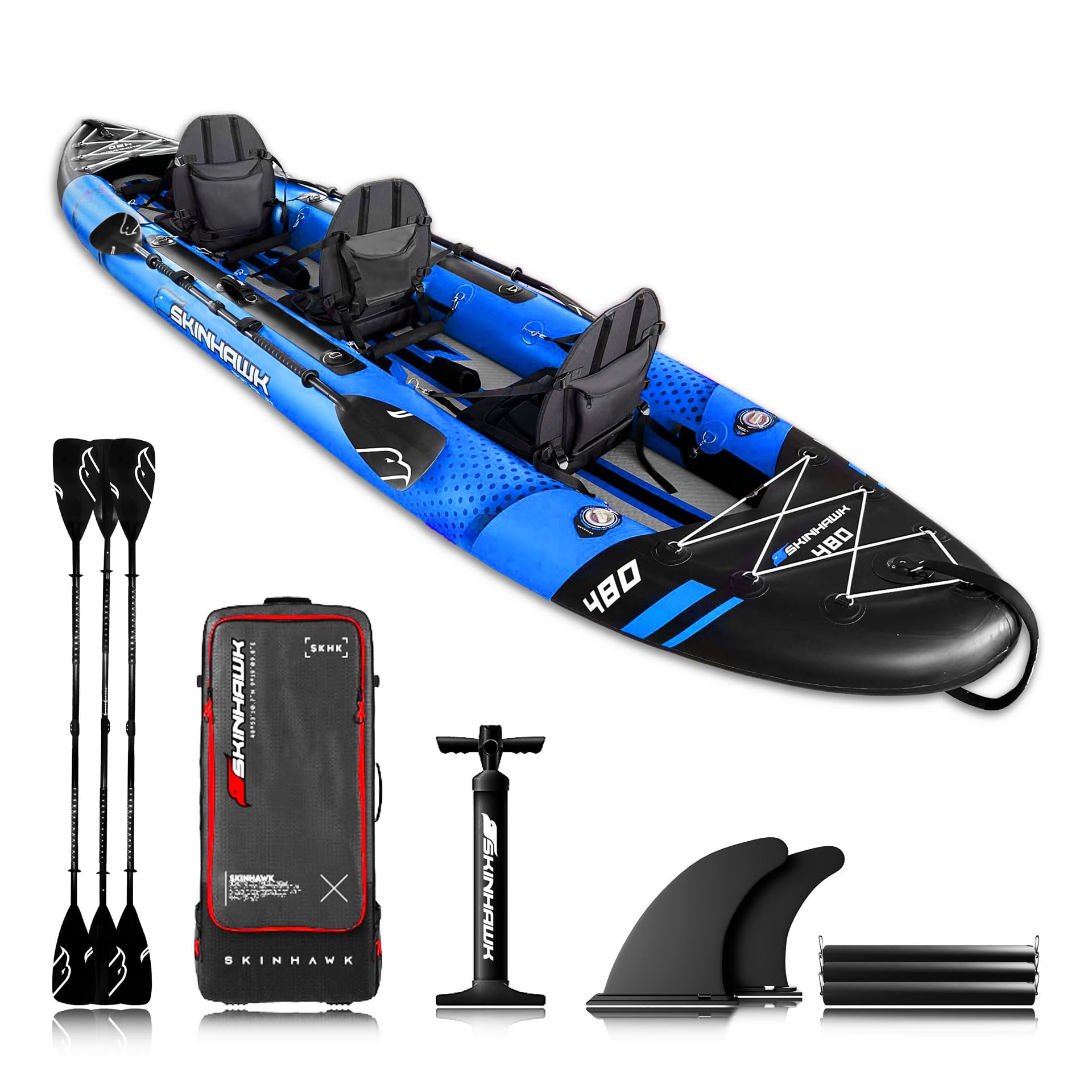 SKINHAWK Exclusiv Blau Kajak Set 480 – Schlauchboot – Kanu - 480 x 96 cm - 3 Personen Kajak
