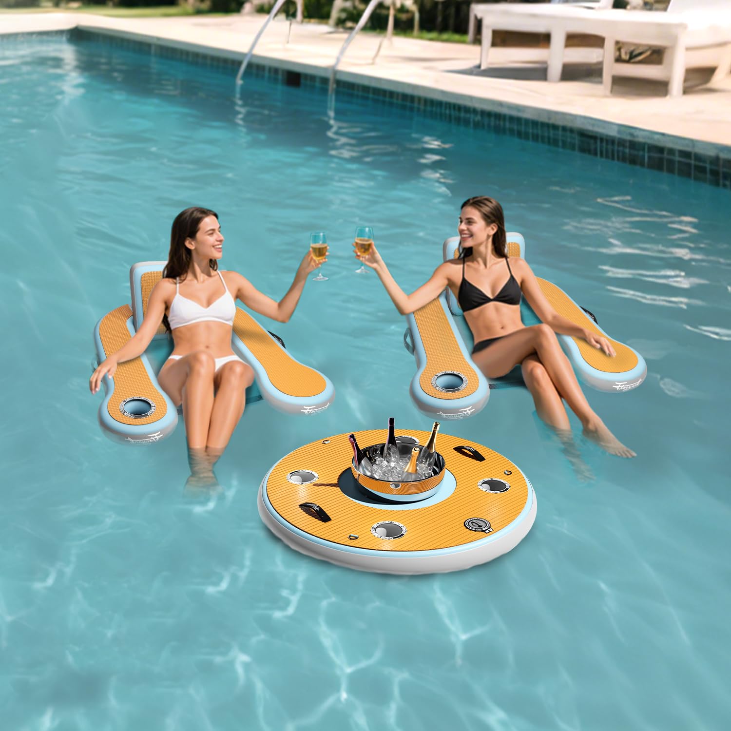 FLOAYANT Inflatable Floating Set (2 Floating Chair + 1 Floating Bar), Pool Lounger Float Set for Lakes, Pools, Boats