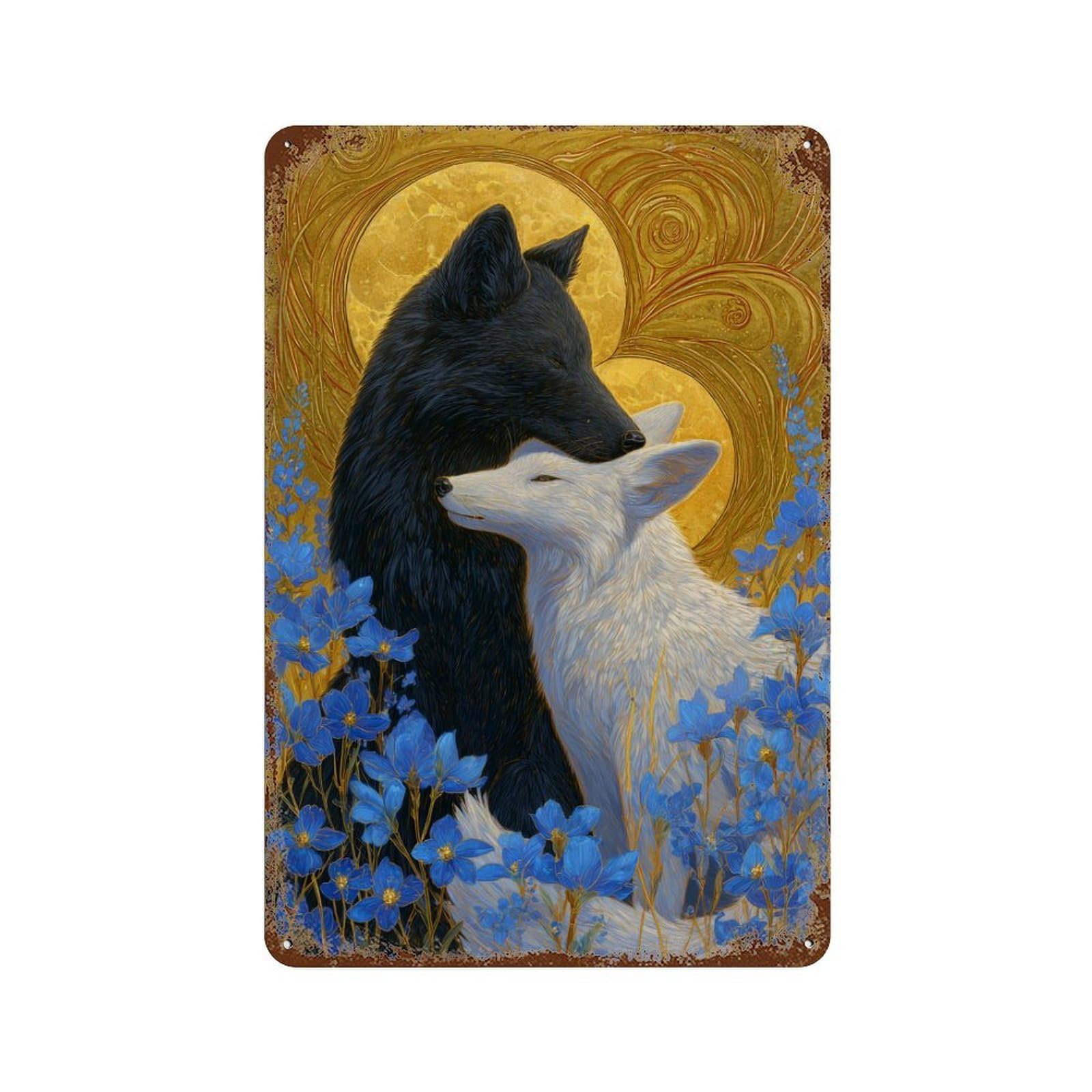 Distressed Metal Wall Sign Yin-Yang Foxes in Blue Flowers 11.8"x7.9", Rustic Home Decor for Farmhouse, Kitchen And Entryway Decor