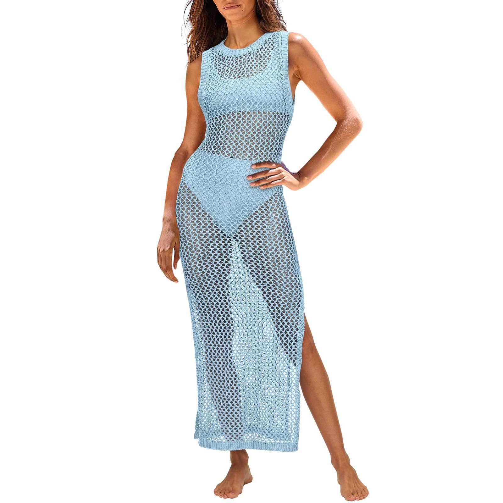 PODOLIXIA Vestido de playa para mujer, sin mangas, crochet, bikini, cubierta para vacaciones en la playa, vestido de verano, cuello redondo, monocolor, ropa de playa, informal, vestido largo para