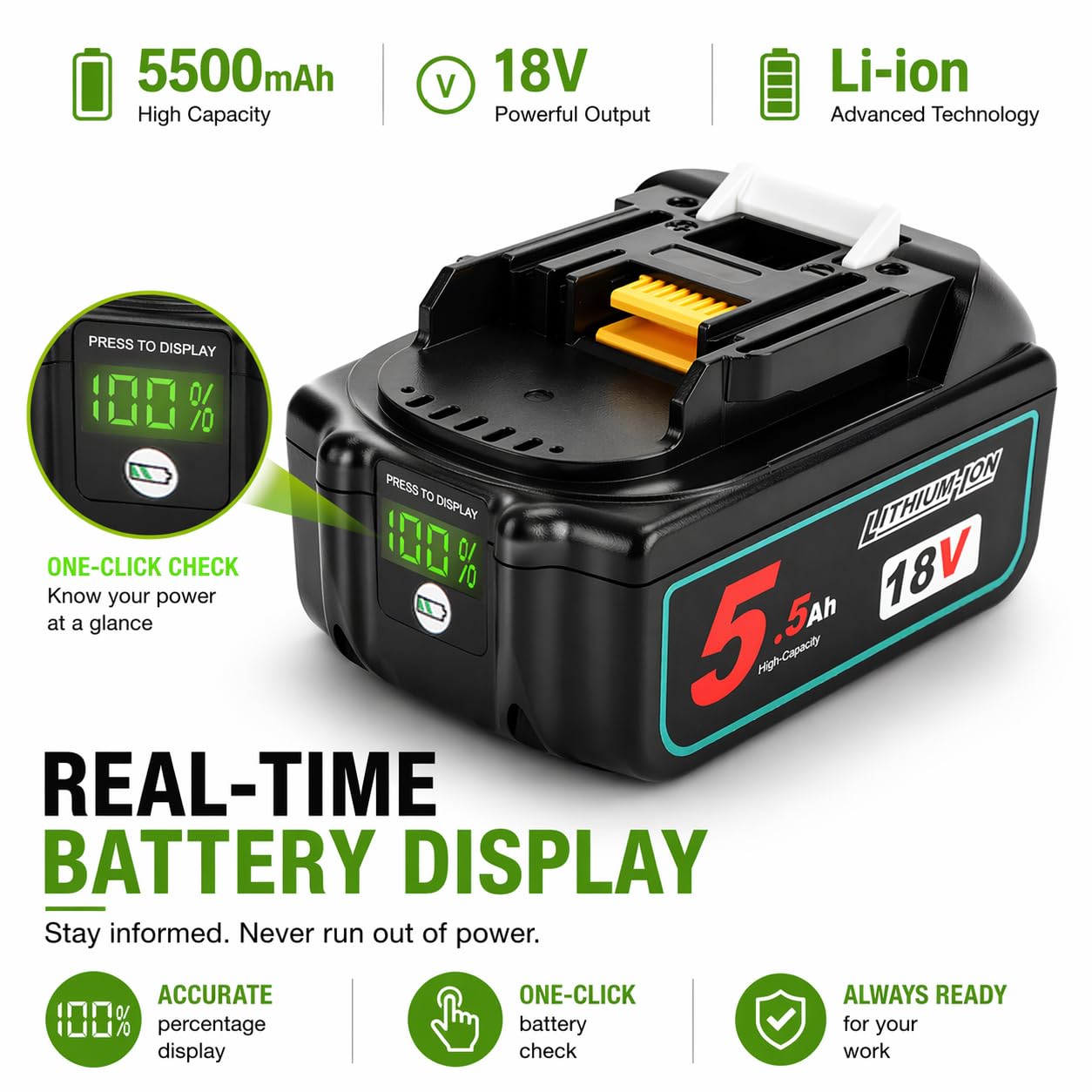 Waitley 2 batterie 18 V 5,5 Ah compatibili con Makita BL1830 BL1840B BL1850 | Per BL1840 BL1860 BL1860B 194204-5 LXT-400 con indicatore LED e utensili elettrici Makita da 18 V