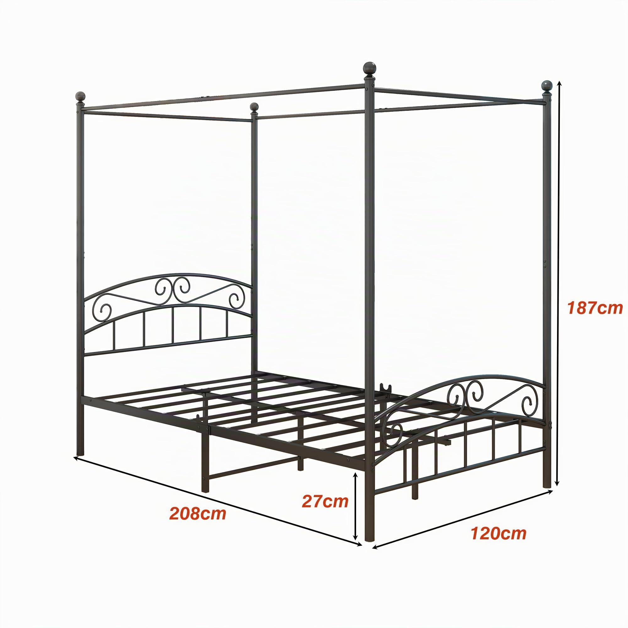 Letto a Baldacchino Matrimoniale in Metallo, per Camera da Letto, 120 x 200 cm, Colore Nero