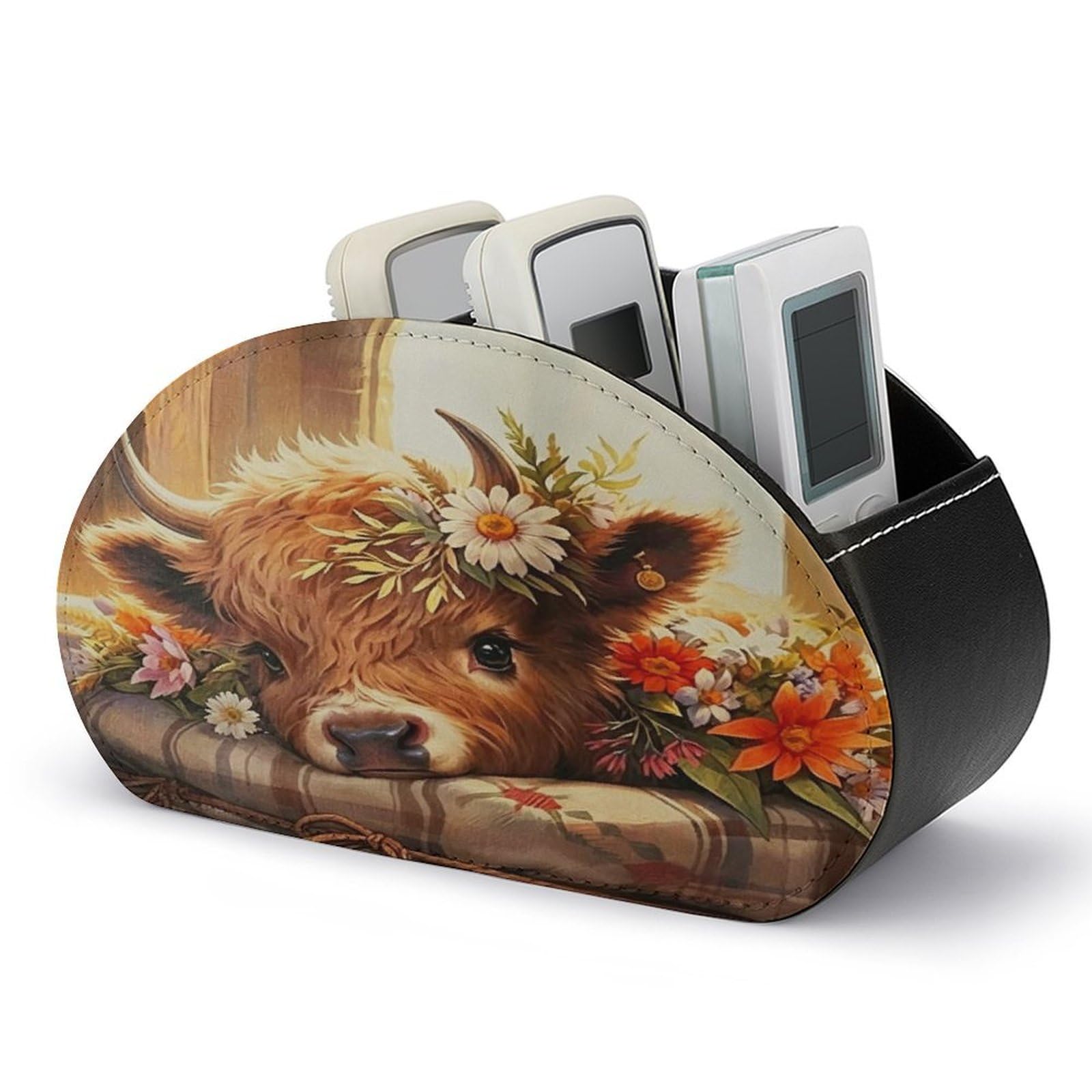 Btcowzrv Style Highland Cow With Flowers Remote Control Holder With 5 Compartments