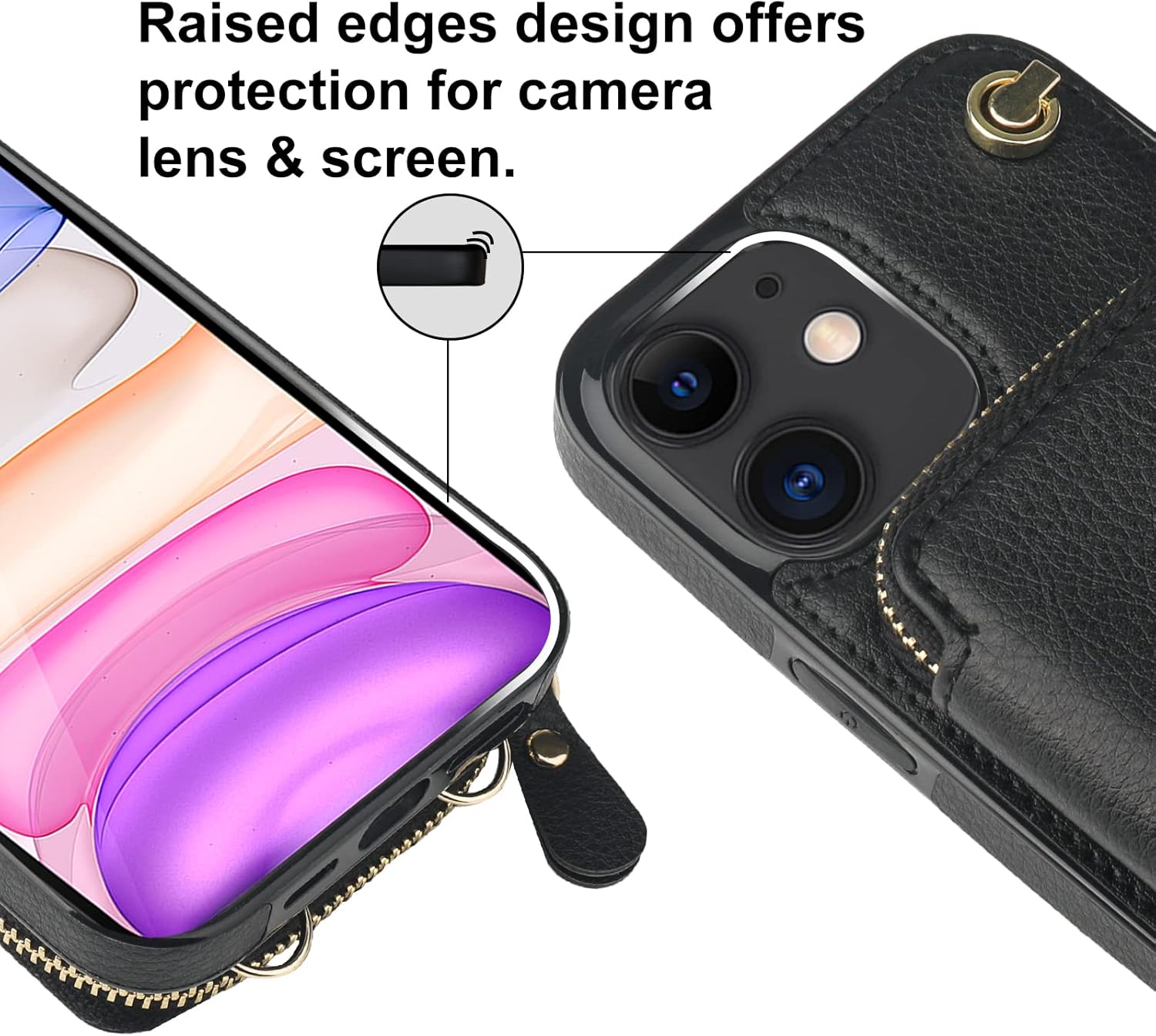 Bocasal Crossbody Wallet Case for iPhone 11, RFID Blocking Leather Purse Case with Card Holder, Protective Handbag Flip Cover with Zipper Wrist Strap Lanyard for Women 6.1 Inch (Black) - Image 7