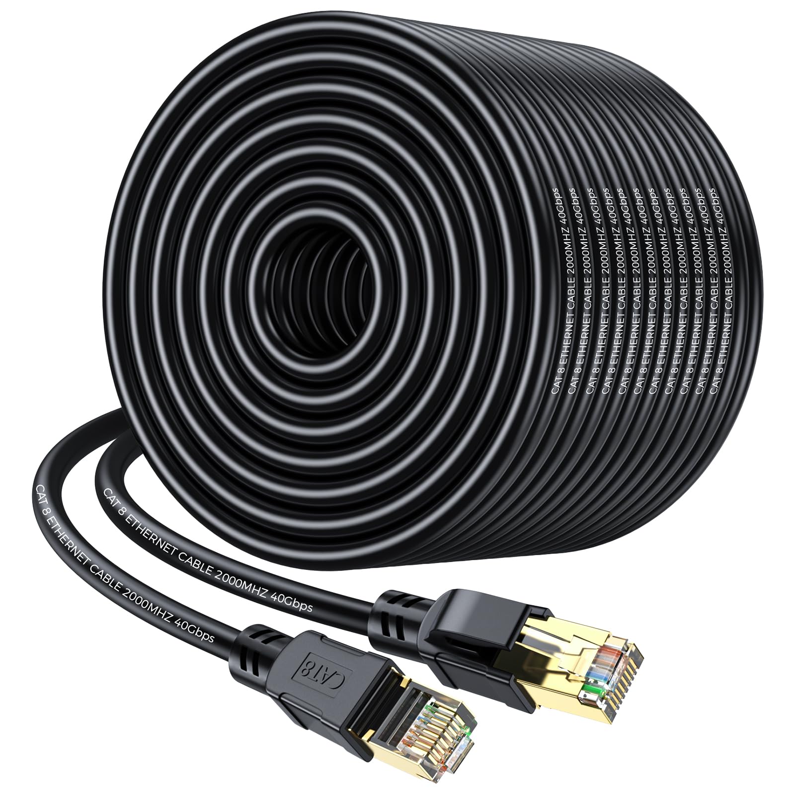 Cavo Ethernet Cat 8 50 metri, cavo patch LAN ad alta velocità per reti pesanti 20Gbps 2000Mhz con connettore RJ45 placcato oro