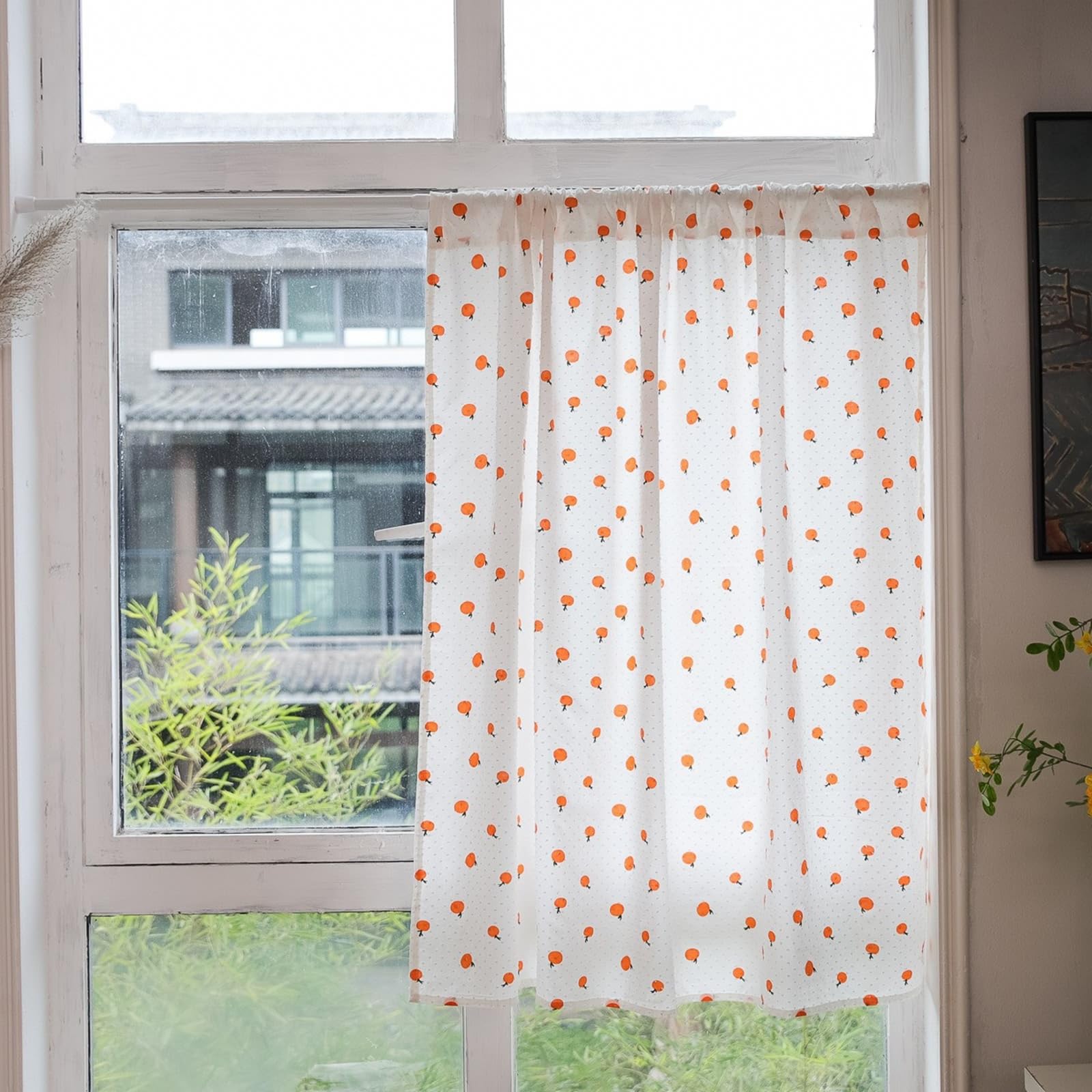 KnSam 2er Scheibengardine Voile Bistrogardine HxB 30x140cm, Orange Muster Beige Orange Bistrogardine Kurz, Haken Baumwolle Fenster Vorhang für Privatsphäre Fenstervorhang Wohnzimmer