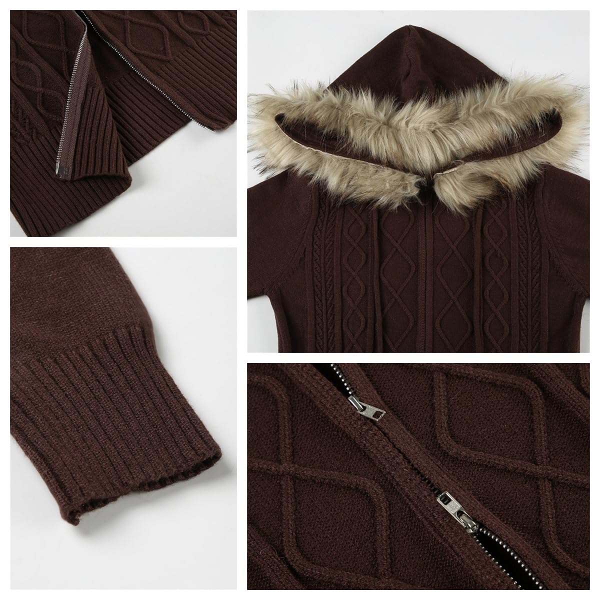 Generisch Damen-Strickjacke Mit Zopfmuster Und Kapuze – Y2k Slim Fit Strick-Hoodie Mit Fellbesatz Und Reißverschluss