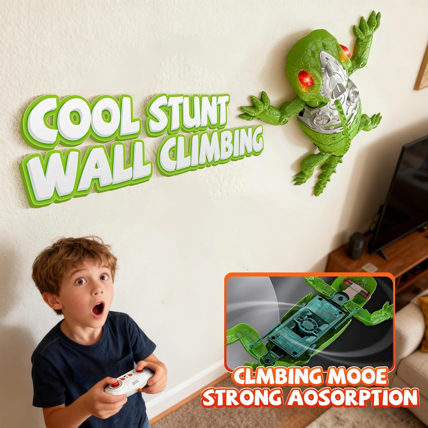 Wall Climbing Gecko Toy, Remote Control Lizard That Climbs Walls, Electric Gecko with LED Glowing Eyess,USB Rechargeable Wall Crawler Robot Toy for Kids, Interactive Lizard Toys for Boys Girls