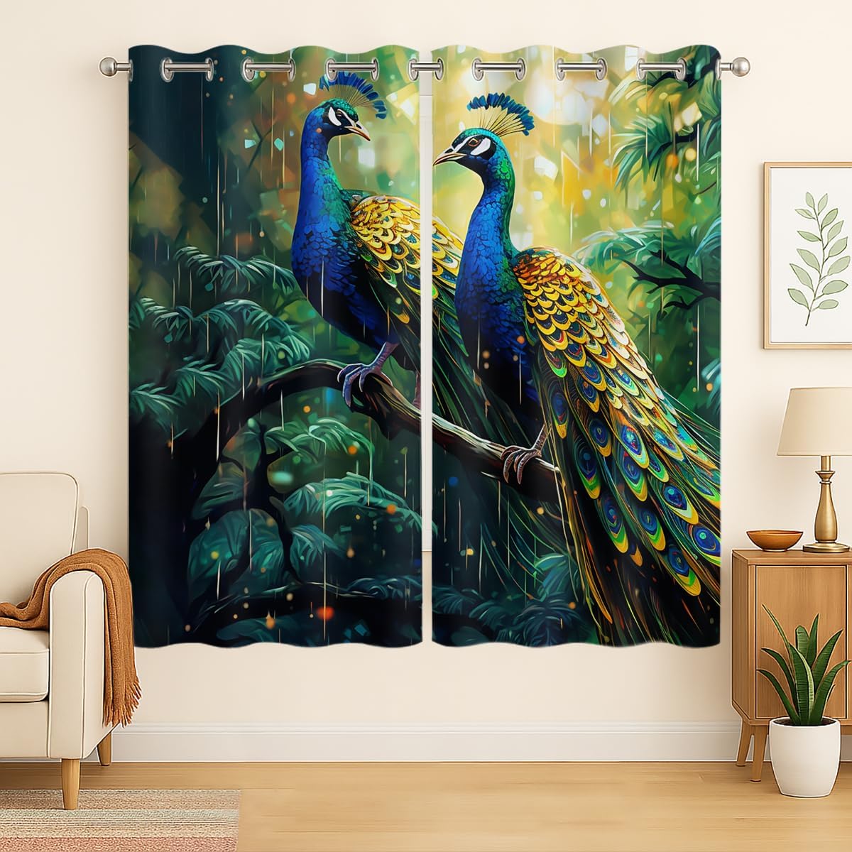 Peacock Blackout Curtains for Girls Boys Kids Home Decor, Beautiful Feather Peacock Forest Animals Grommet Thermal Insulated Drapes Darkening Window Curtain for Bedroom Living Room, 42 x 45 Inch