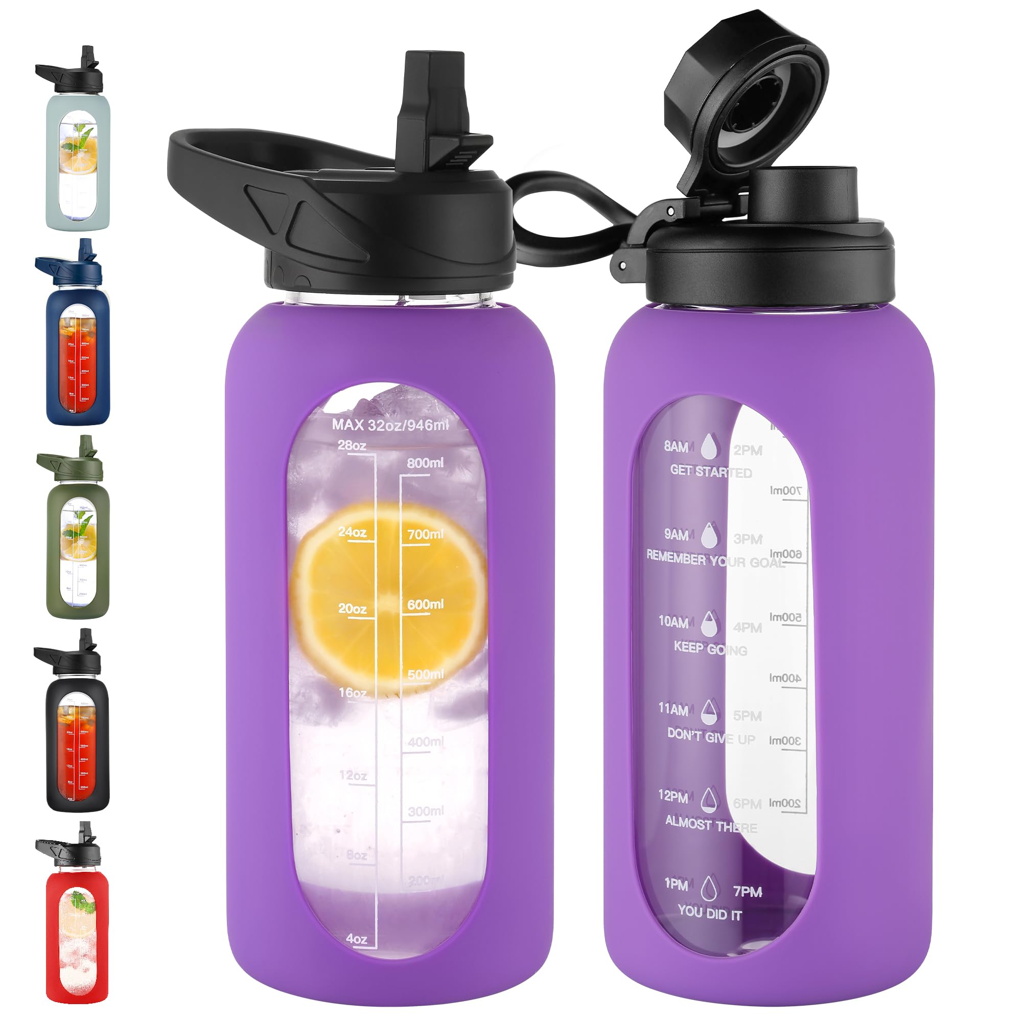 CIVAGO 32 oz Glass Water Bottle with Straw, Large Motivational Water Jug
