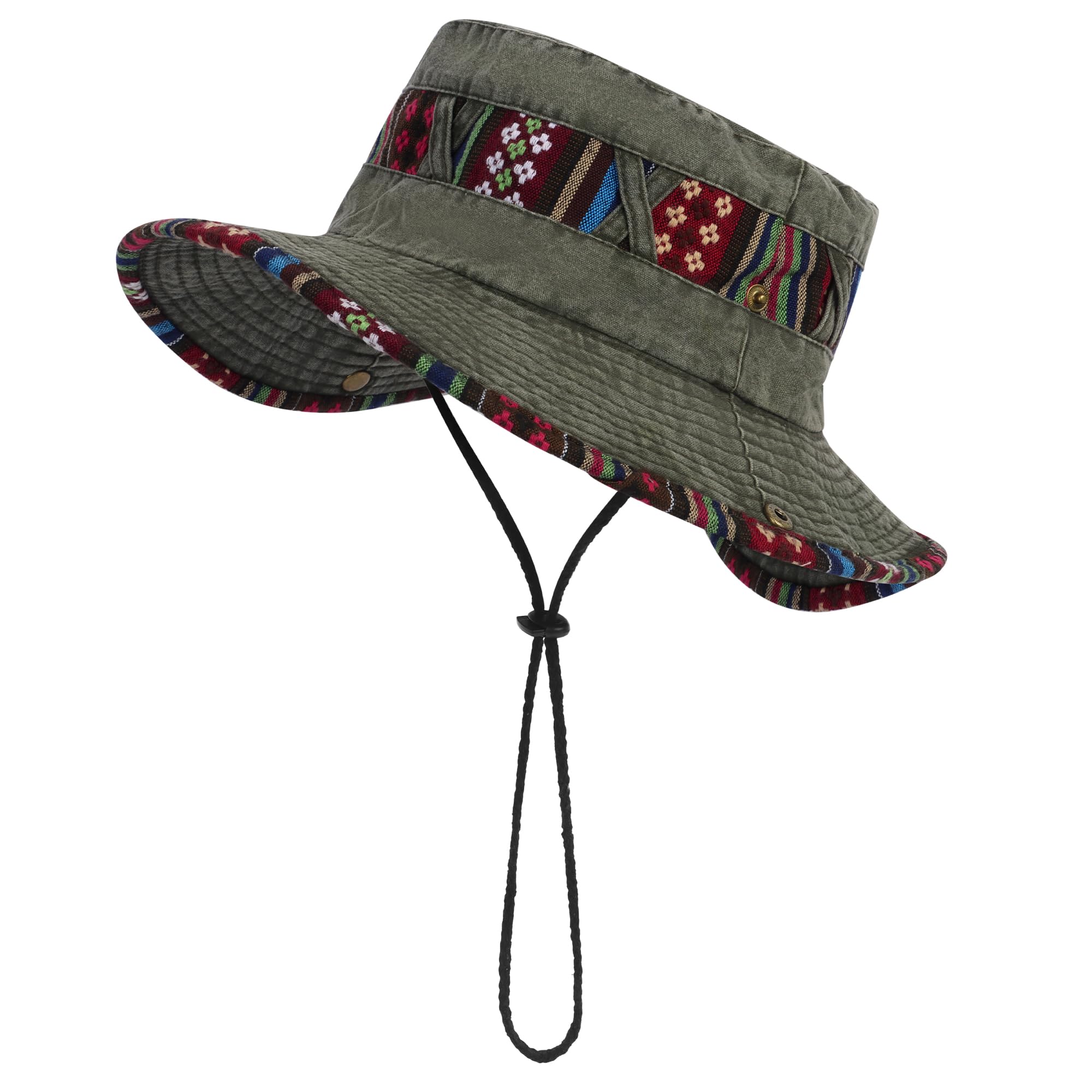 Jiusely Unisex Olive Green Safari Sun Hat For Men, Cotton Wide Brim Hats Uv Protection Bucket Hat, Printing Fishing Hat Windproof Lightweight Breathable