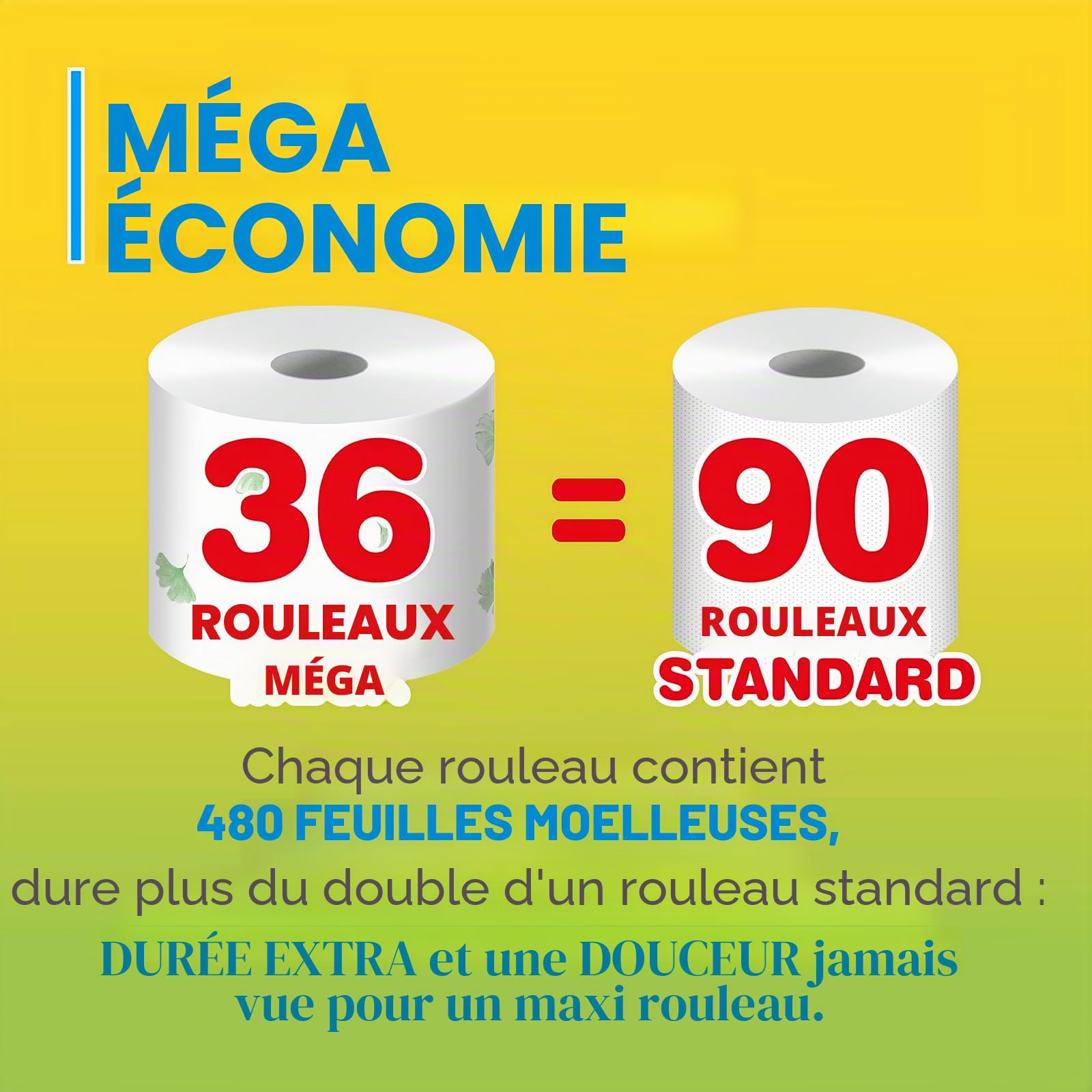 Foxy Mega | Papier toilette 36 rouleaux | 480 déchirures | Décoré |100% Électricité renouvelable| Emballage fabriqué en plastique recyclé