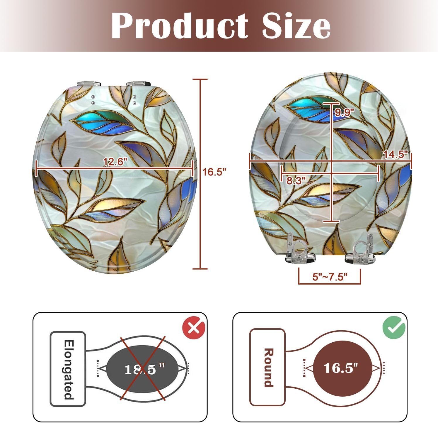Round Toilet Seat Leaves stylized mother pearl seamless texture 3d Resin Toilet Seat Slow Quiet Close Lid with Quick-Release Hinges Cover Bumpers Easy to Clean Install