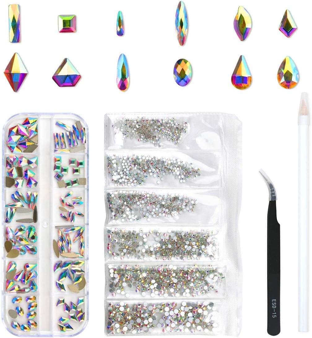 LIENJAER 120 Pcs Multi Shapes Glass Crystal AB Rhinestones For Nail Art Craft, Mix 12 Style FlatBack Crystals 3D Decorations Flat Back Stones Gems Set (120 pcs Crystals+1728 pcs rhinestones)