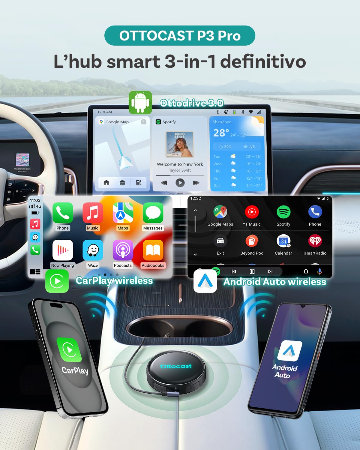 (2026 Nuovo) OTTOCAST P3 Pro CarPlay AI Box, 3-in-1 Wireless Adattatore CarPlay & Android Auto con Uscita HDMI, 8GB+128GB, Schermo Diviso, App Scaricare, Aggiornamento OTA per Auto con CP/AA Cablati