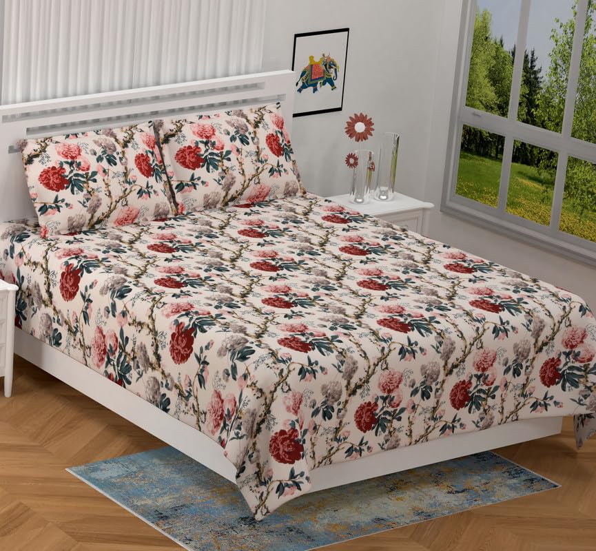 Bilberry Furnishing By Preeti Grover 100% Cotton Floral Printed King Size Bedsheet (108 x 108 Inches) with 2 Matching Pillow Covers I 180 TC Cotton King Size Bedsheet - Red & Green-image-42