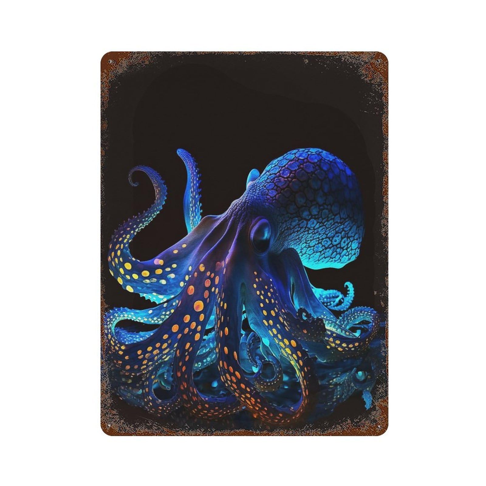 Neon Octopus 15.7"x11.8" Distressed Metal Wall Sign, Shabby Chic Decor for Shed, Workshop And Garage Wall Decor