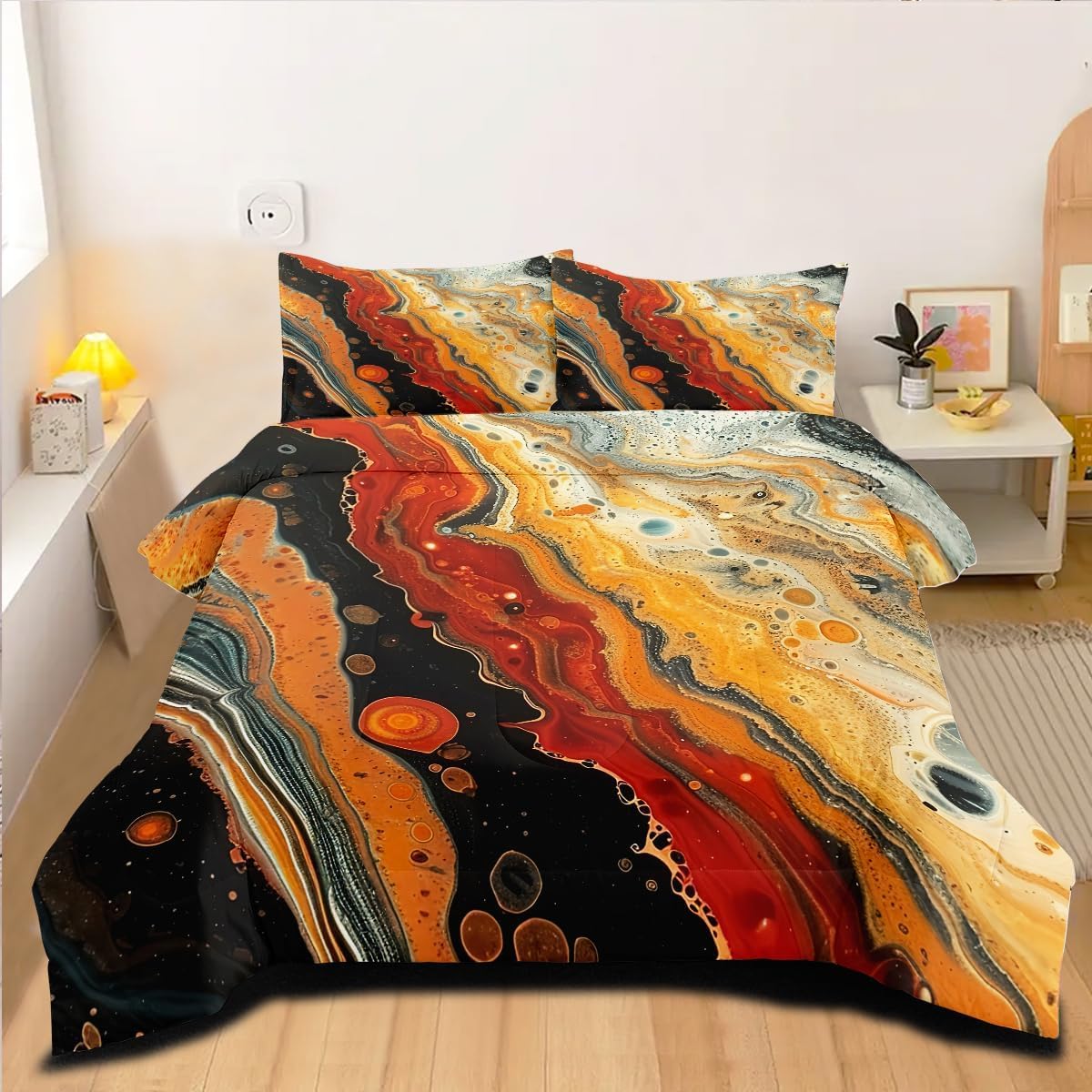 Orange Marble Comforter Set Queen Size Black Burnt Orange Marble Print Bedding Set Modern Aesthetic Abstract Art Comforters 3Pcs Soft Microfiber Down Alternative Comforter Sets Boys Girls