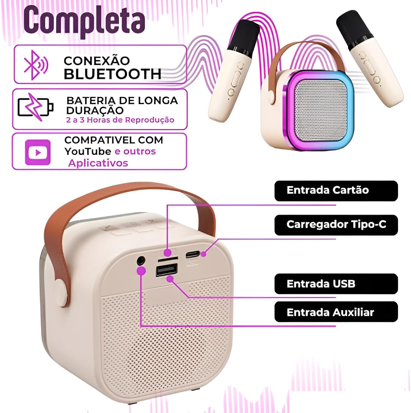 Caixa de Som Karaokê Portátil com 02 Microfones Sem Fio | Testados Previamente | com Luzes LED RGB e Vozes Auto Tune - Envio de Cores Conforme Disponibilidade
