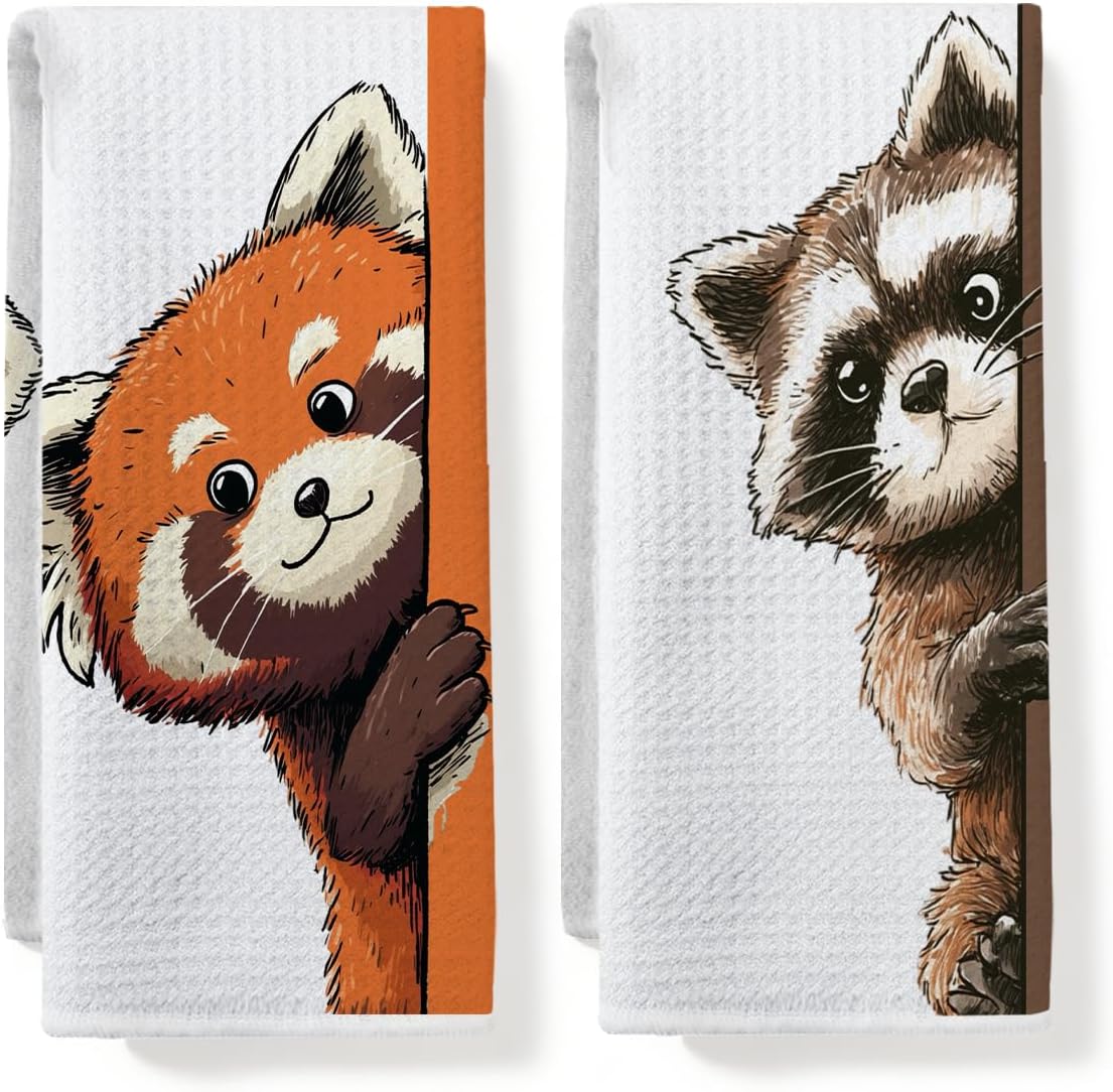 4 Pcs Funny Hamster Donkey Kitchen Towels Cute Elephant Duck Decorative Dish Tea Towels for Farmhouse Kitchen Bathroom Home Decor, Waffle Hand Towel, Animal Lover Gifts for Women Friend 14x24 Inches