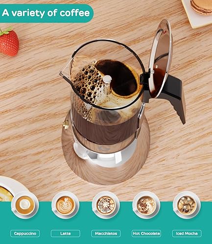 Miniatura 5 de Coffee Gator Olla Moka de 9 tazas, cafetera espresso de 15 onzas para café italiano, vidrio transparente y diseño de acero inoxidable, plata, 15.2