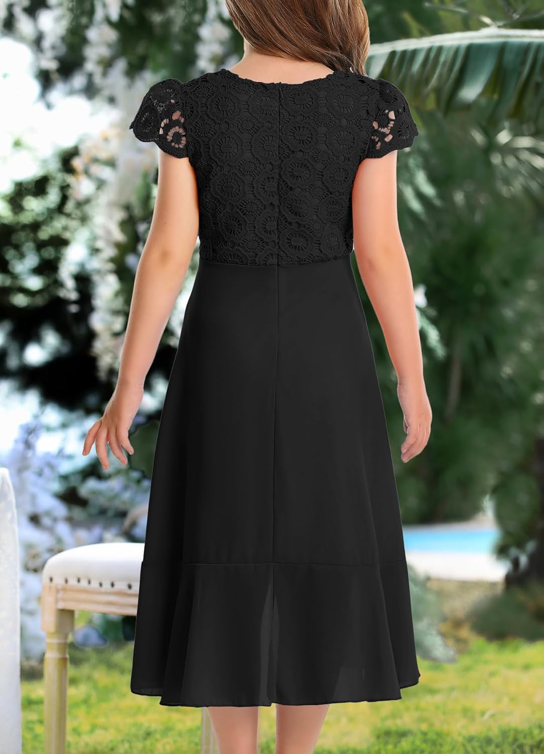 HOSIKA Girls Vintage Lace Chiffon Ruffle Sleeve A-Line Wedding Party Junior Bridesmaid Dress for Kids 6-12 Years