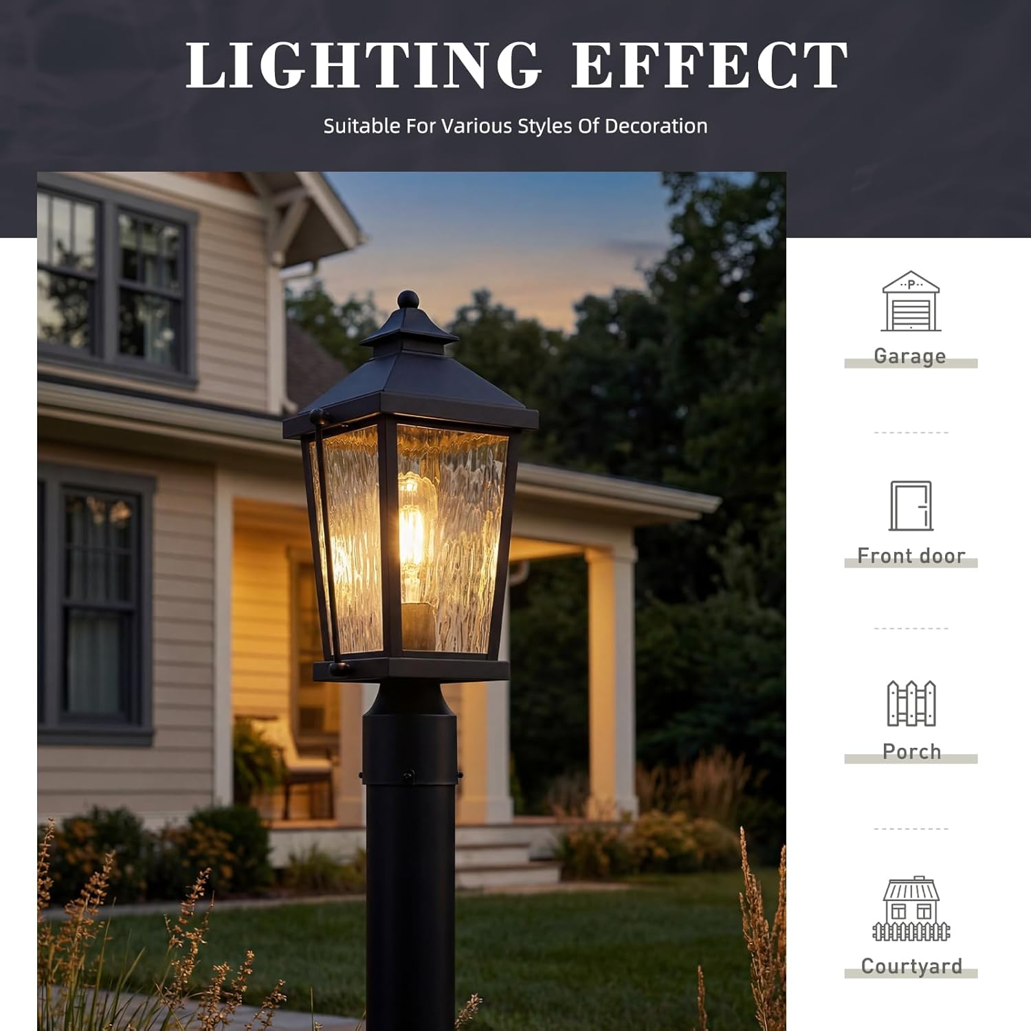 zeyu 17 Inch Outdoor Lamp Post Fixture, Modern Outdoor Lamp Post Light, Post Lantern Light for Porch, Die-Cast Aluminum with Water Ripple Glass, Black Finish, ZW105P BK-SW