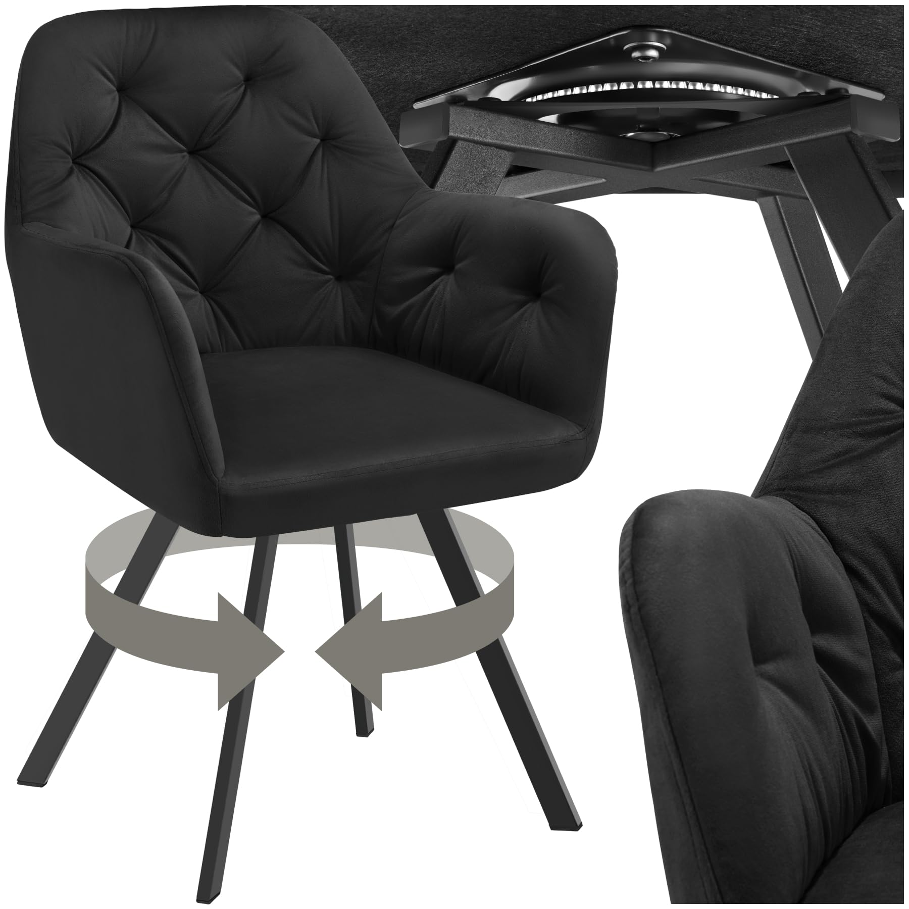 tectake® Silla Giratoria de Terciopelo, Diseño Acolchado, Sillas de Comedor con Patas de Acero, Amplio Asiento, Respaldo Continuo, Giro 180°, Sillas Cocina, Sillas Comedor - 1 Silla Negro