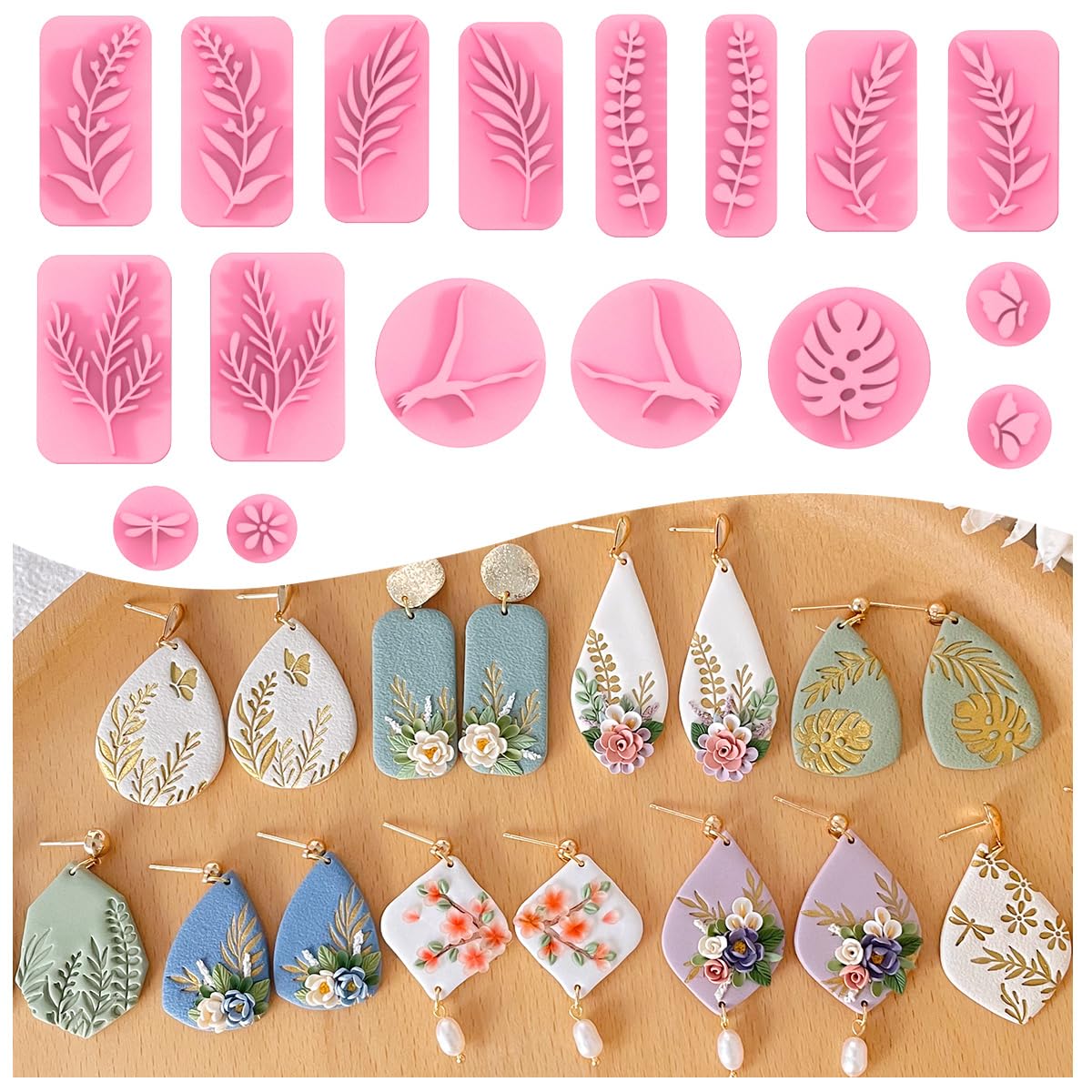 KEOKER Plant Clay Stamps - 17 Shapes Mirrored Cutter Stamps, Spring Polymer Clay Earring Tool