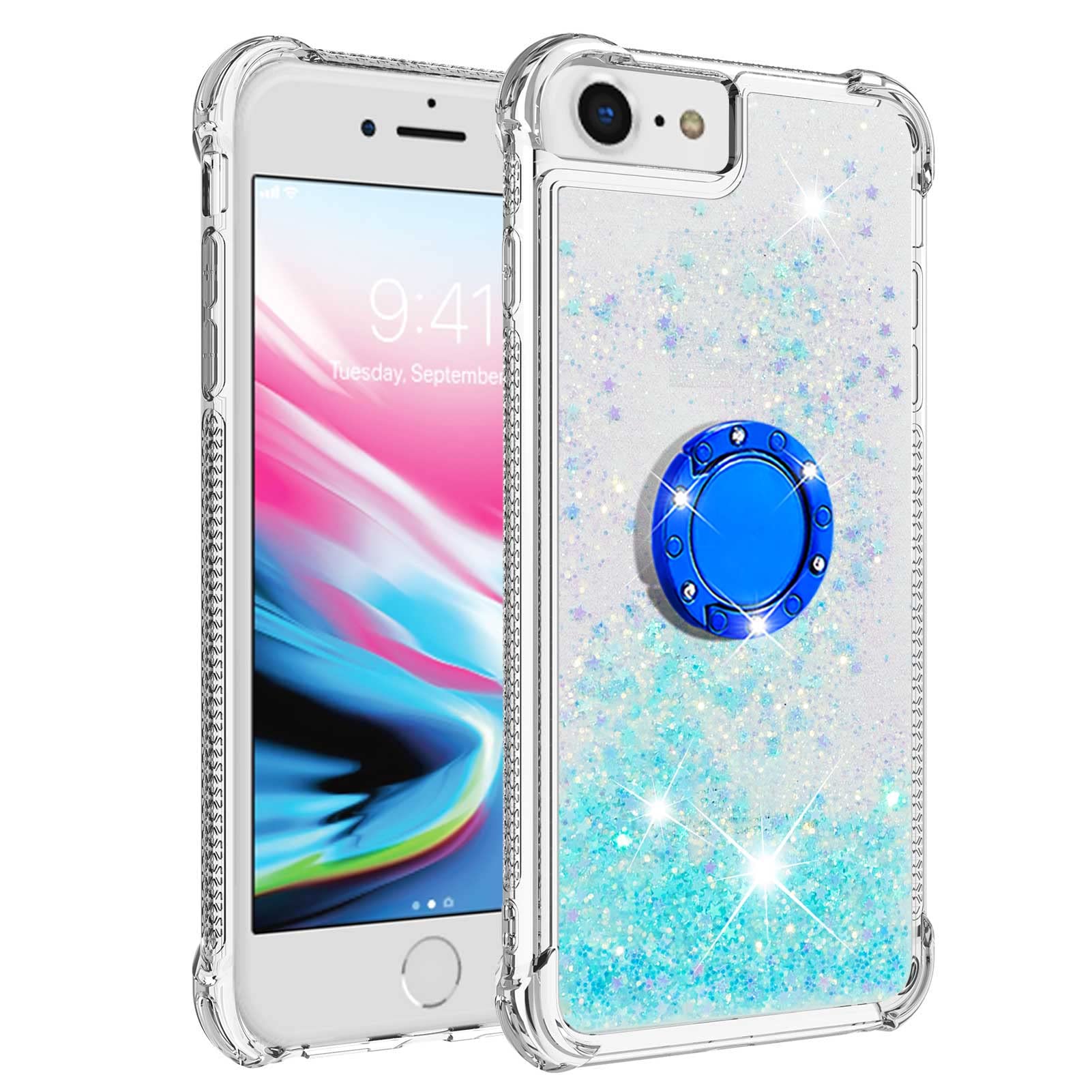 nincyee Shockproof Case for iPhone 8/iPhone SE 2020/2022,Glitter Bling Shine Diamond Heart Rainbow Quicksand Transparent TPU Shell with Rotating
