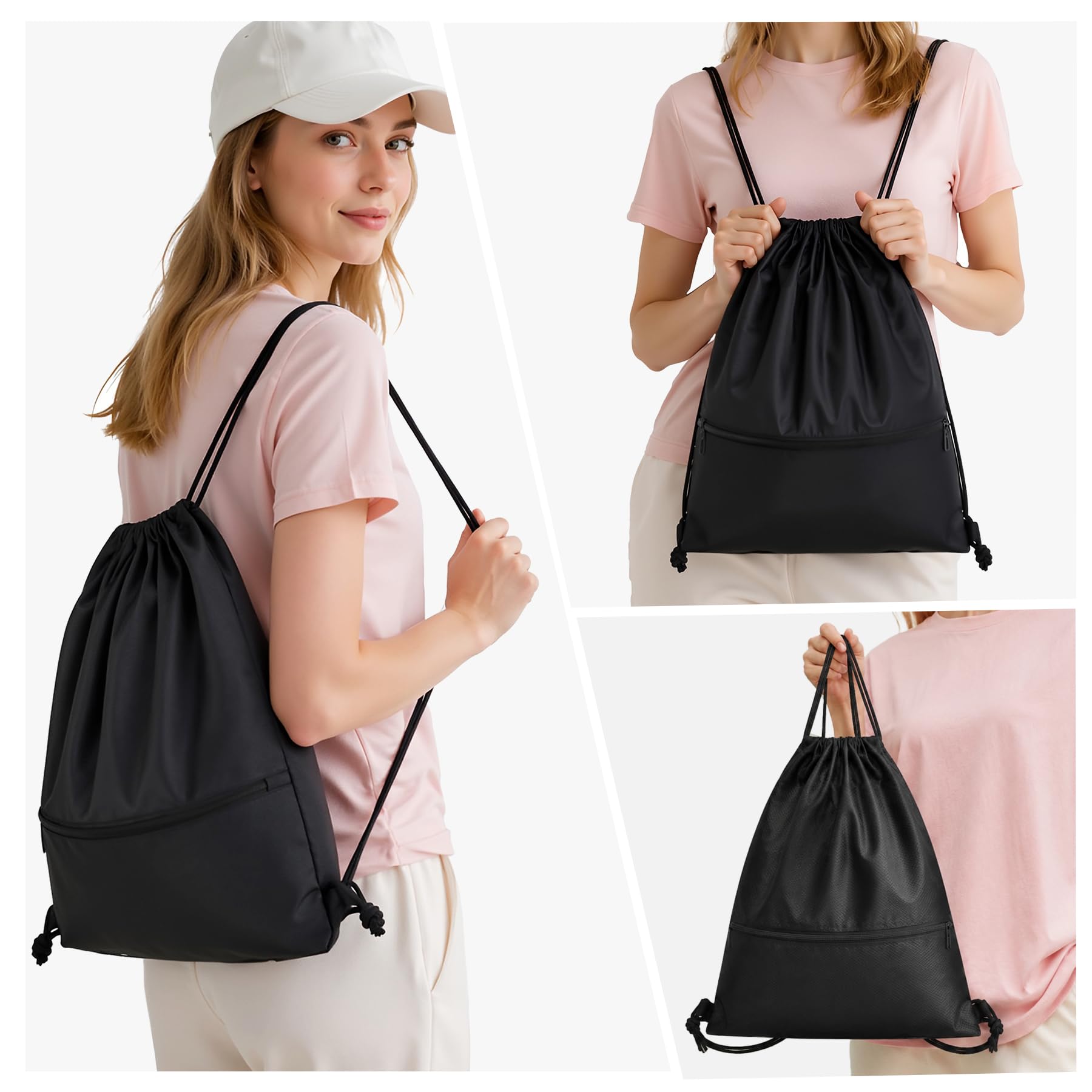 Arae Wasserdichter Drawstring Rucksack aus Oxford-Stoff mit Vortasche, Leichter Sportbeutel für Fitness und Reisen, Schwarz, L