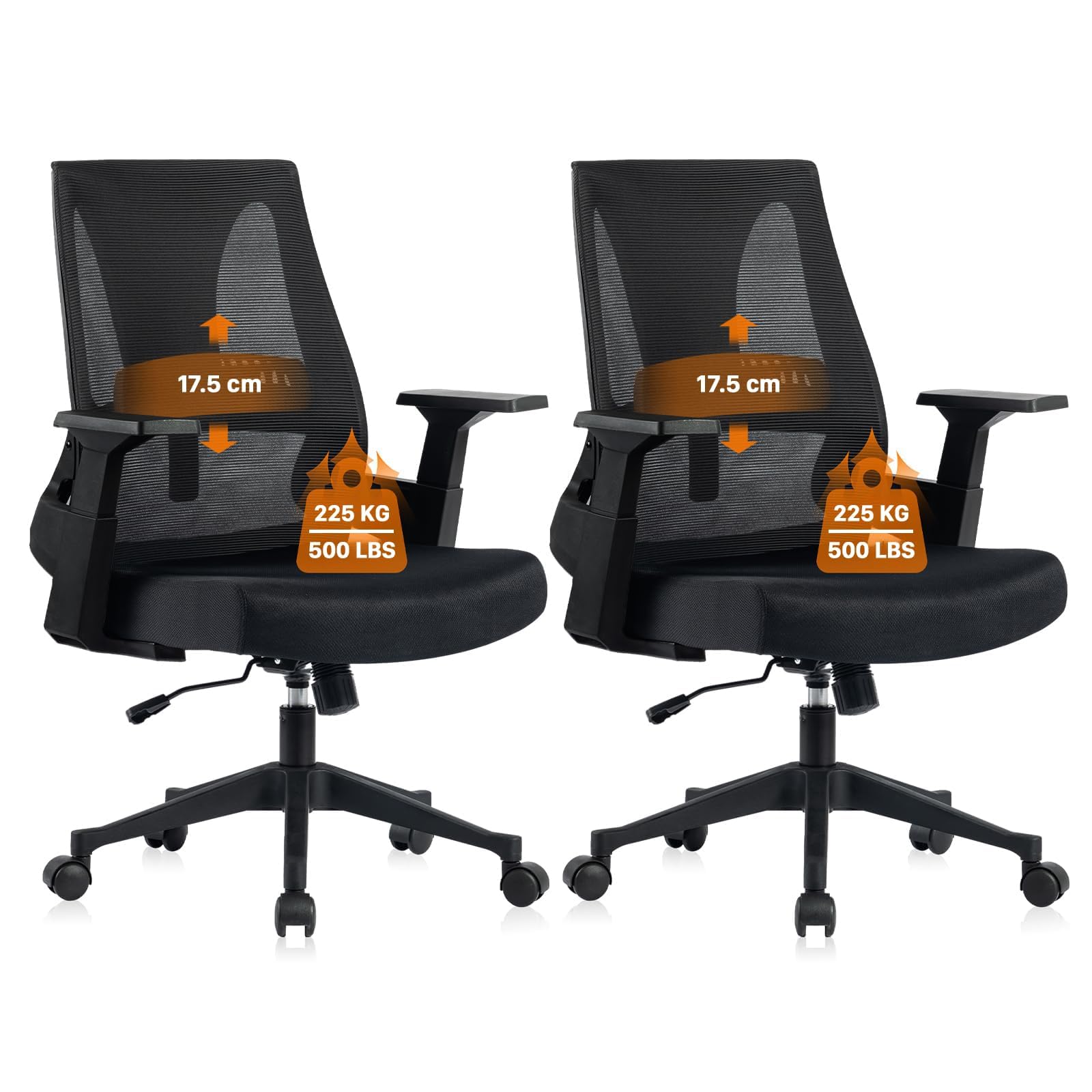 CLATINA 225KG 500lbs Heavy Duty Office Desk Chair, Ergonomic Executive Chairs with Adjustable Mesh Lumbar Support, Wide Comfortable Seat for Home Conference Computer Heavy People, Black, 2 Pack