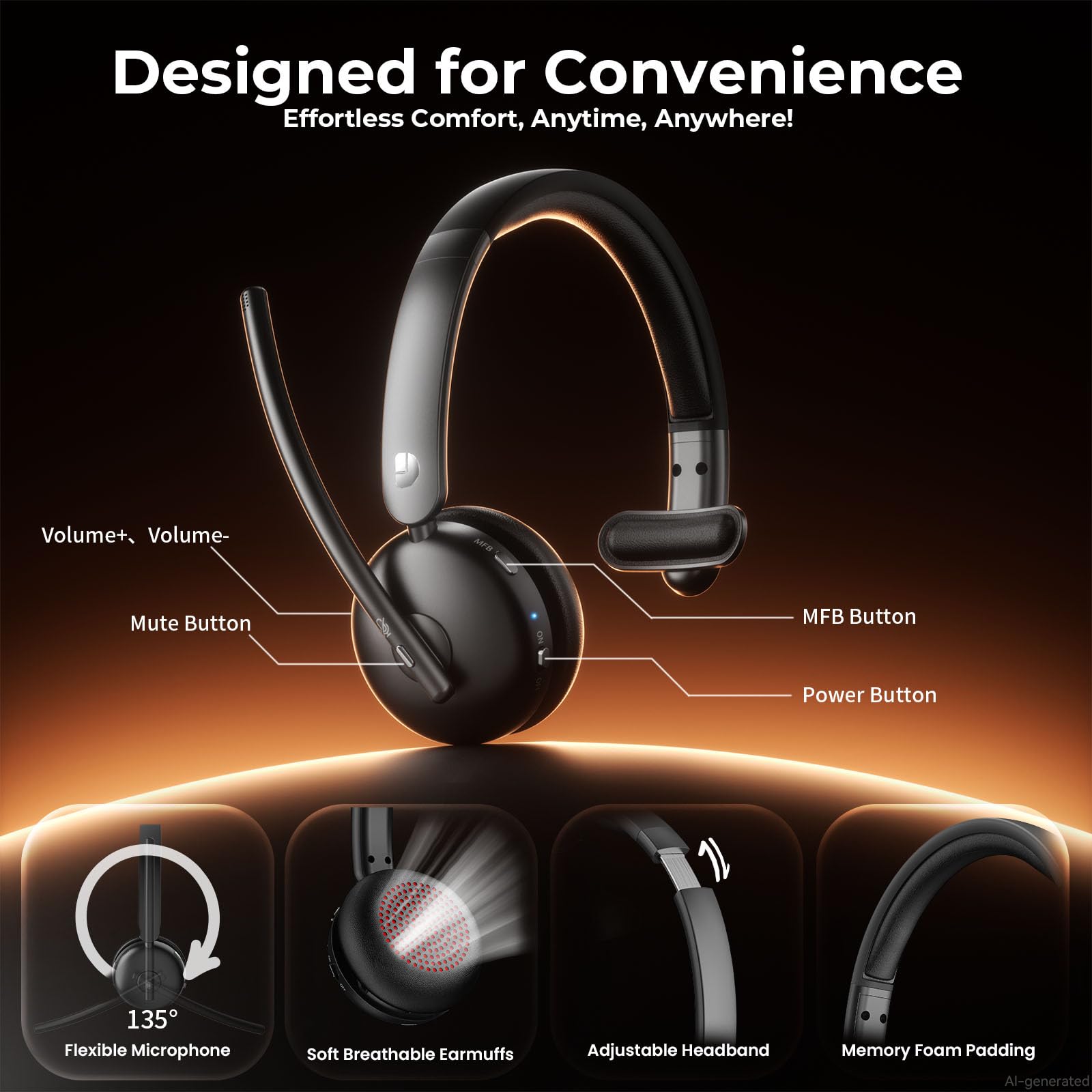 Cuffie wireless con microfono per lavoro, cuffie Bluetooth 5.3 con cancellazione del rumore AI, batteria 65H e funzione mute, cuffie wireless a orecchio singolo e dongle USB, adatte per PC/laptop/team