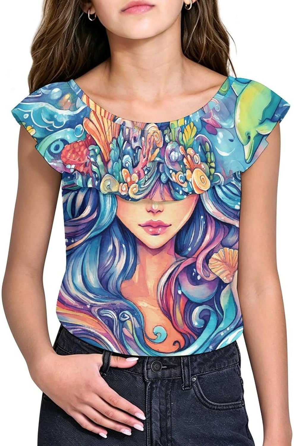 Thalassa Ocean God Greek Mythology Girls T-Shirts Top Ruffle Short Sleeve Blouse Casual Graphic Tees