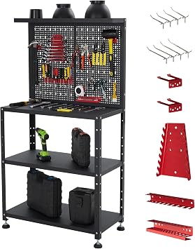 32 Inches Metal Workbench with Pegboard,Garage Workbench with Pegboard and Storage,DIY Work Table with Tool Hanging System,Adjustable Metal Workstation for Workshop,