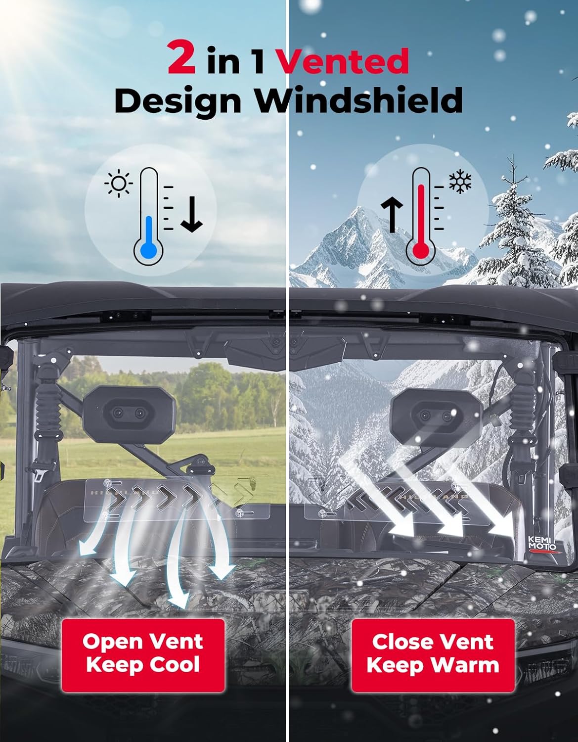 KEMIMOTO 2-in-1 Vented Front Windshield Compatible with 2025 2026 CFMOTO UFORCE U10 Pro & XL PRO ,Heavy Duty Hardened PC, Scratch Resistant, Quick Install, U10 PRO Front Window Accessories