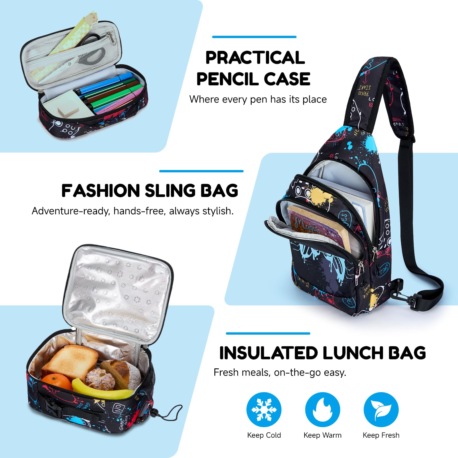 Amythe Zaino Ragazzi - Scuola Elementare e Media - Set Completo con Borsa Petto, Borza Pranzo & Astuccio – Zaino Adolescenti Grande Leggero Impermeabile per Scuola & Viaggi, Nero