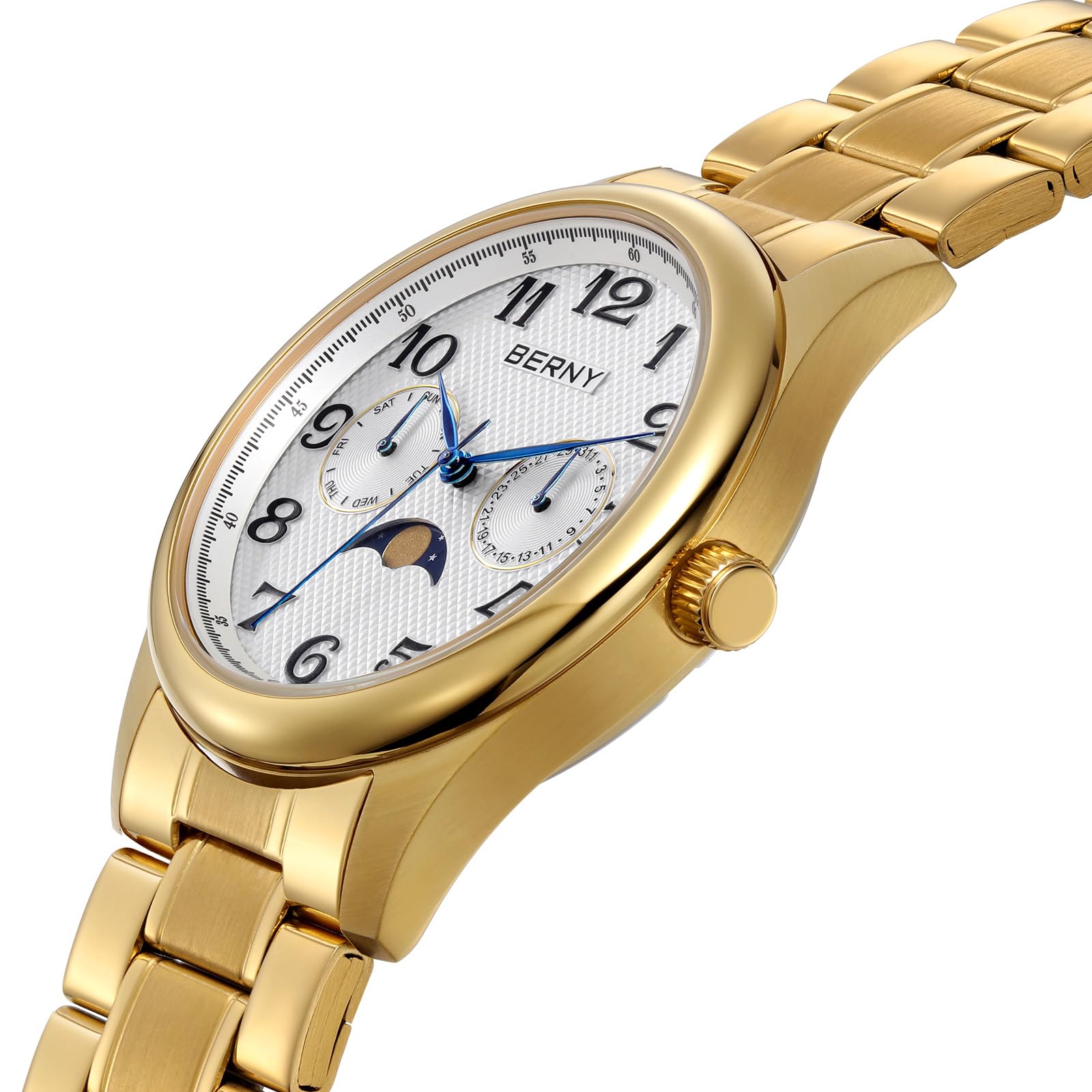 BERNY Orologio da uomo in oro con fasi lunari, orologio da polso al quarzo, multifunzione, facile da leggere, quadrante con numeri arabi, quadrante analogico, cassa in acciaio inox, sub-dail con data